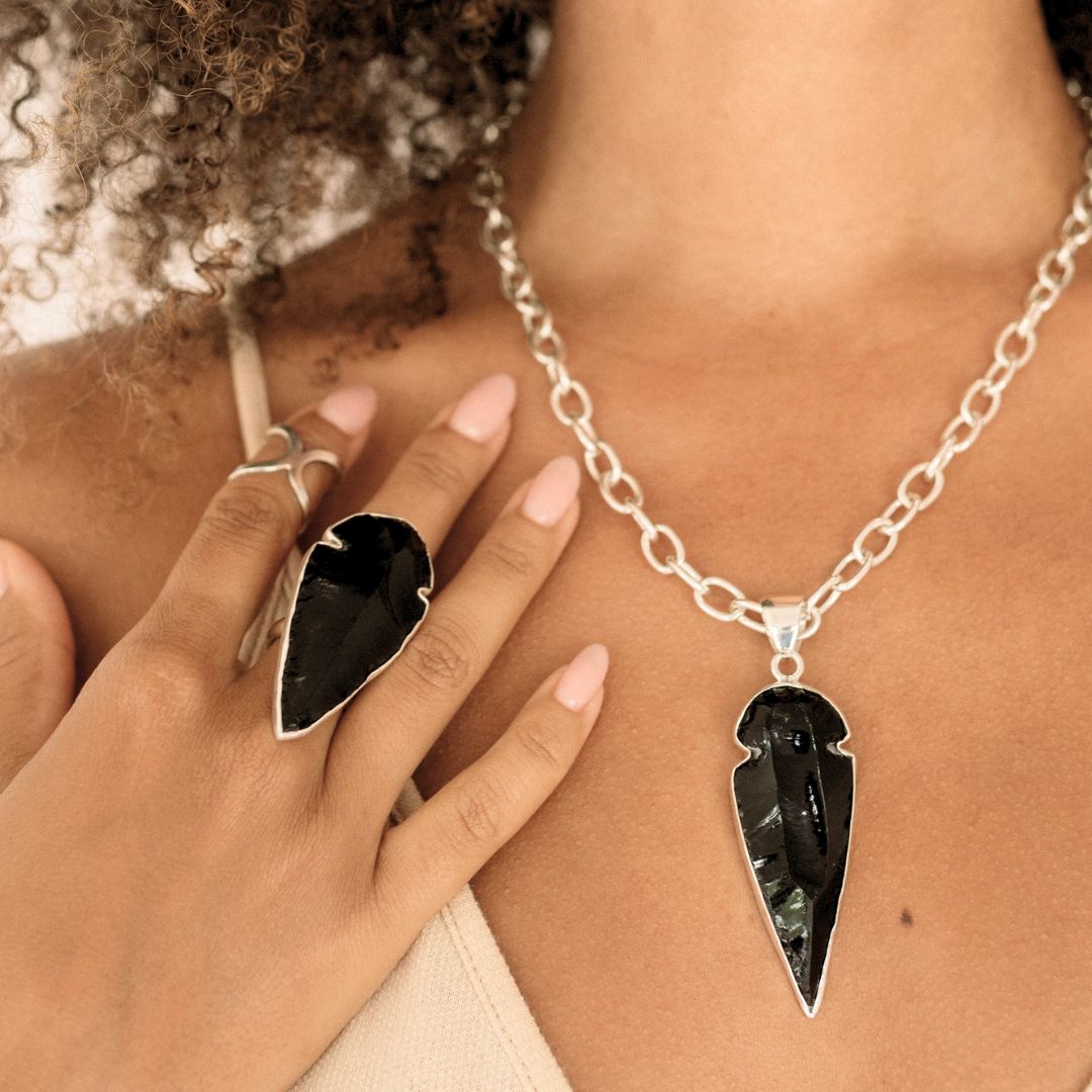Model wearing Sterling Silver Arrowhead Pendant & Ring by Charles Albert Jewelry