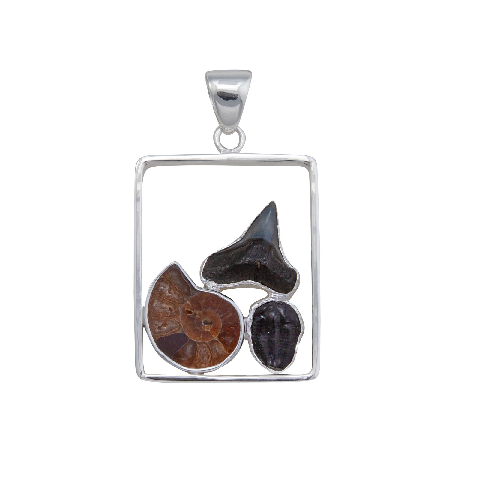 Sterling Silver Multi Fossil Square Frame Pendant | Charles Albert Jewelry