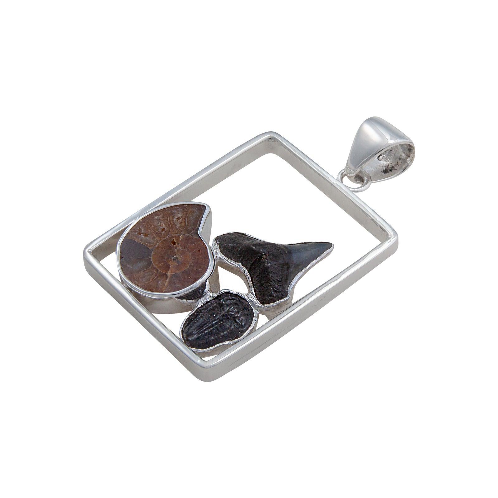 Sterling Silver Multi Fossil Square Frame Pendant | Charles Albert Jewelry