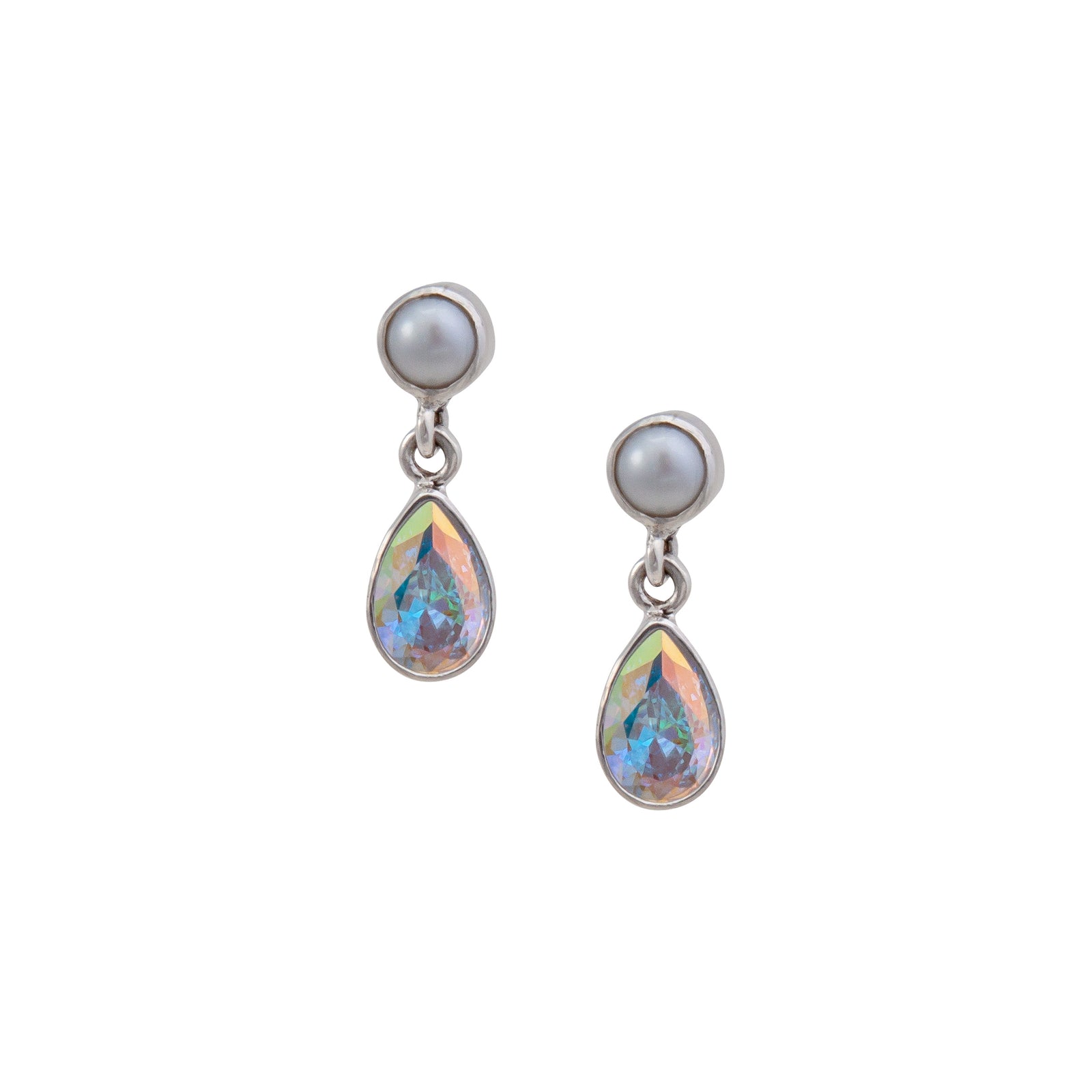 Sterling Silver Pearl and Mercury Mist Teardrop Post Earrings | Charles Albert Jewelry