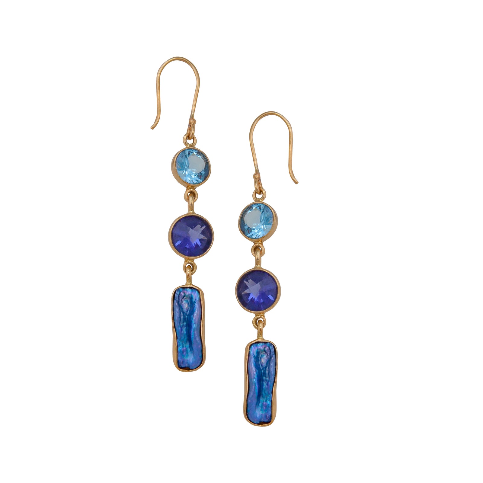Alchemia Blue Topaz, Lab Created Tanzanite and Blue Biwa Pearl Drop Earrings | Charles Albert Jewelry