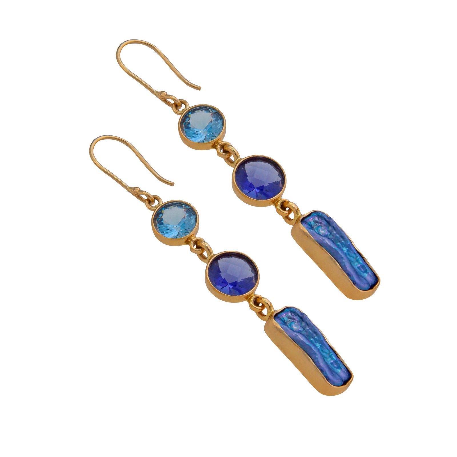 Alchemia Blue Topaz, Lab Created Tanzanite and Blue Biwa Pearl Drop Earrings | Charles Albert Jewelry