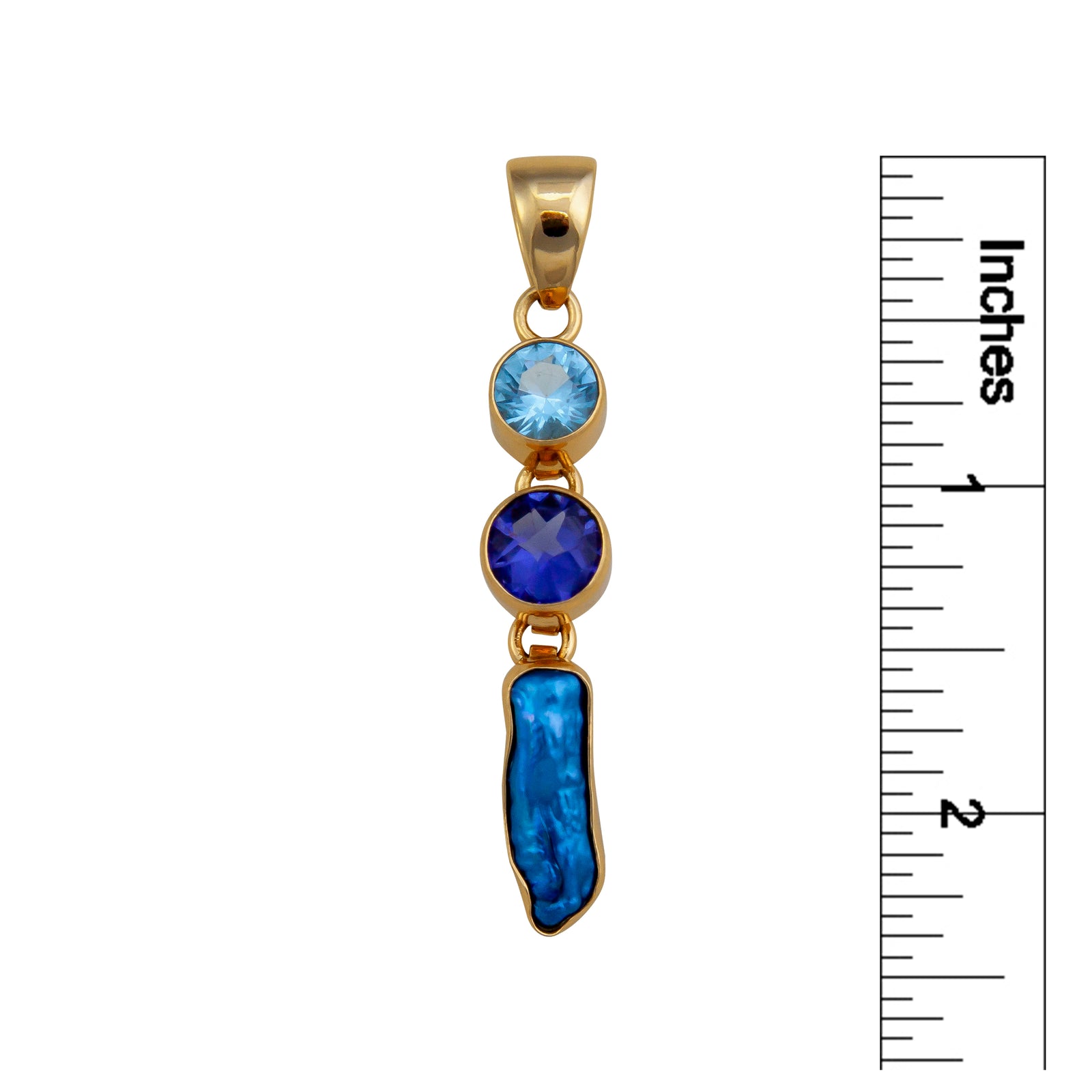 Alchemia Blue Topaz. Lab Tanzanite and Biwa Pearl Pendant | Charles Albert Jewelry