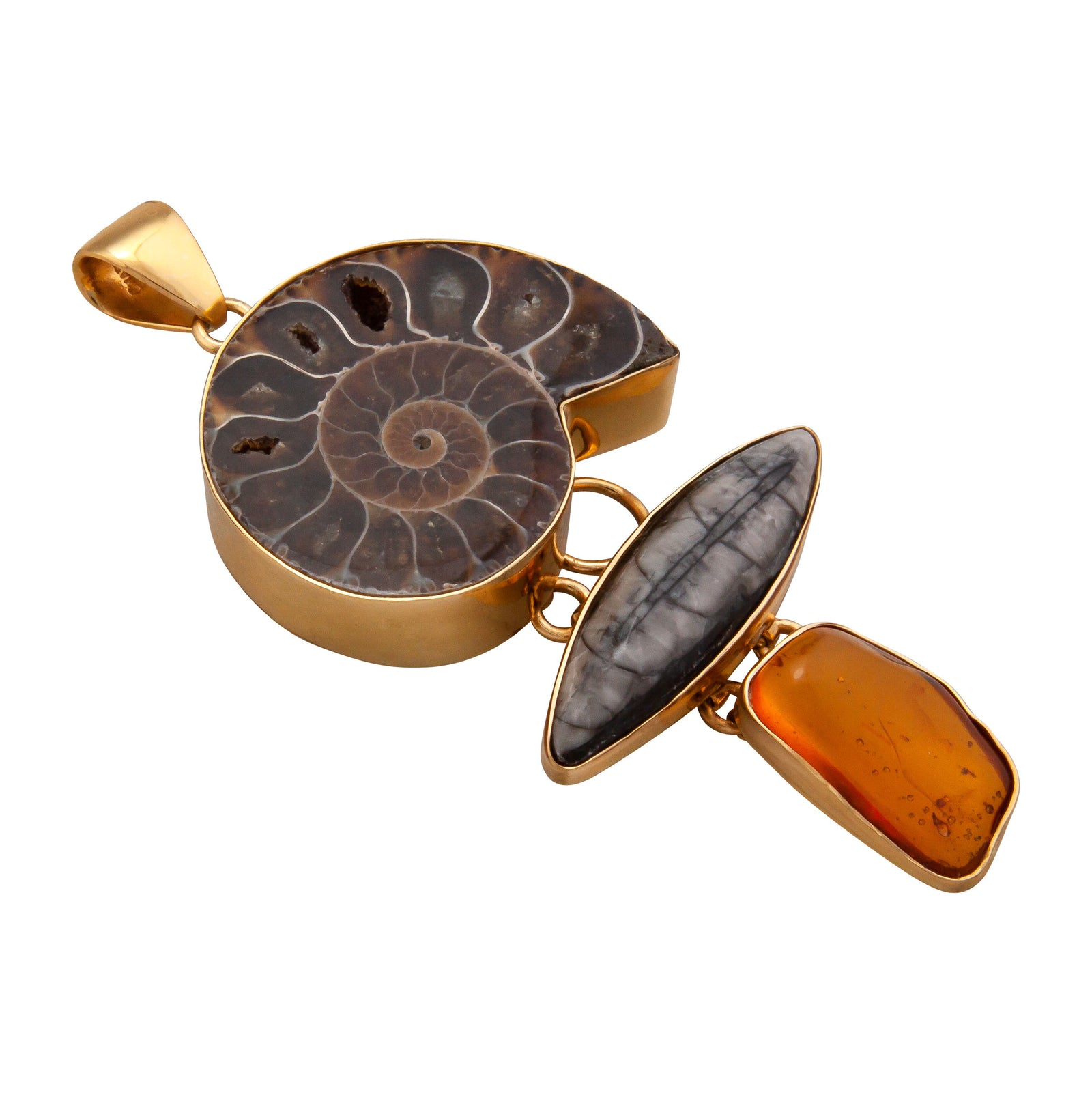Alchemia Ammonite, Orthoceras & Amber Pendant | Charles Albert Jewelry