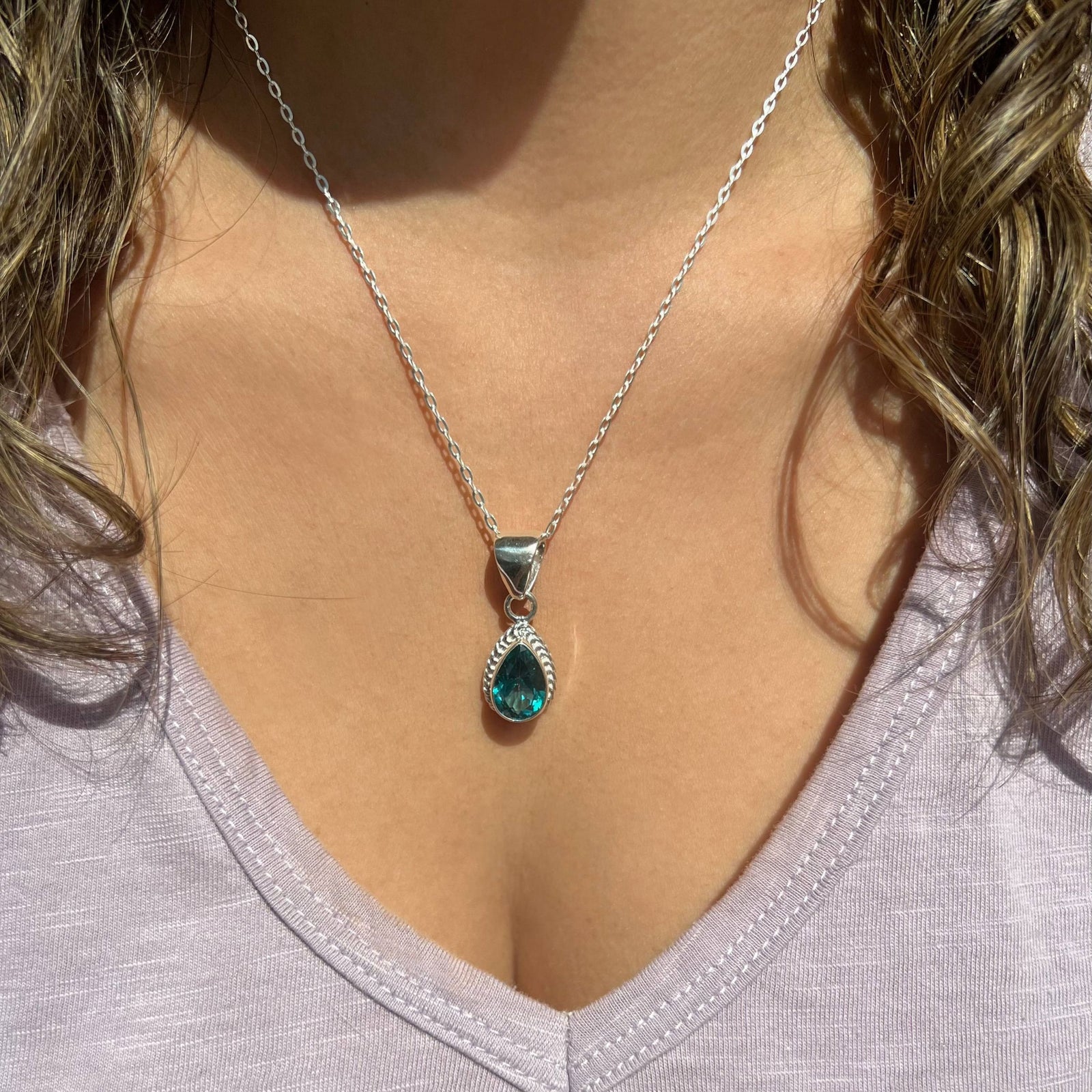 Sterling Silver Chrome Dioptase Teardrop Rope Pendant | Charles Albert Jewelry
