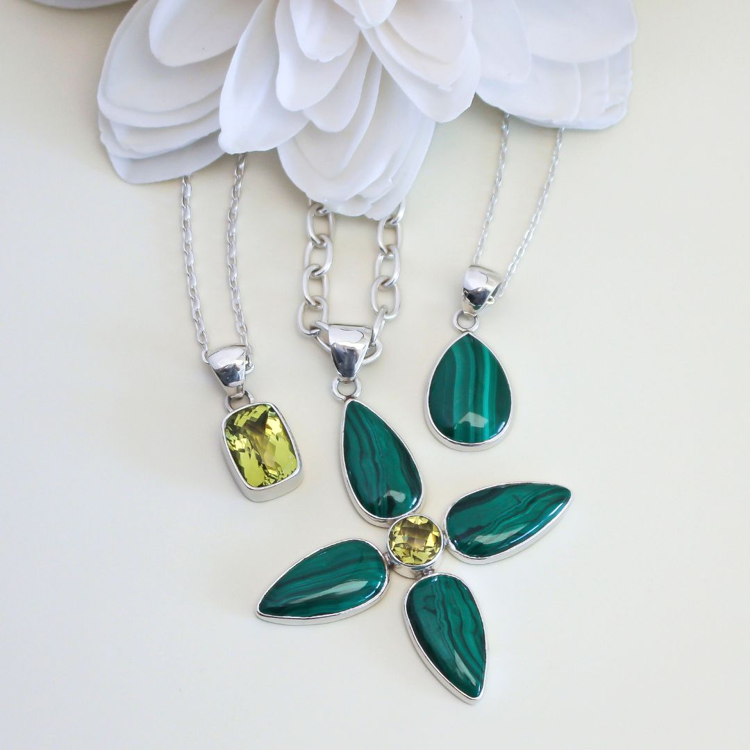 Sterling Silver Citrine and Malachite Flower Pendant | Charles Albert Jewelry