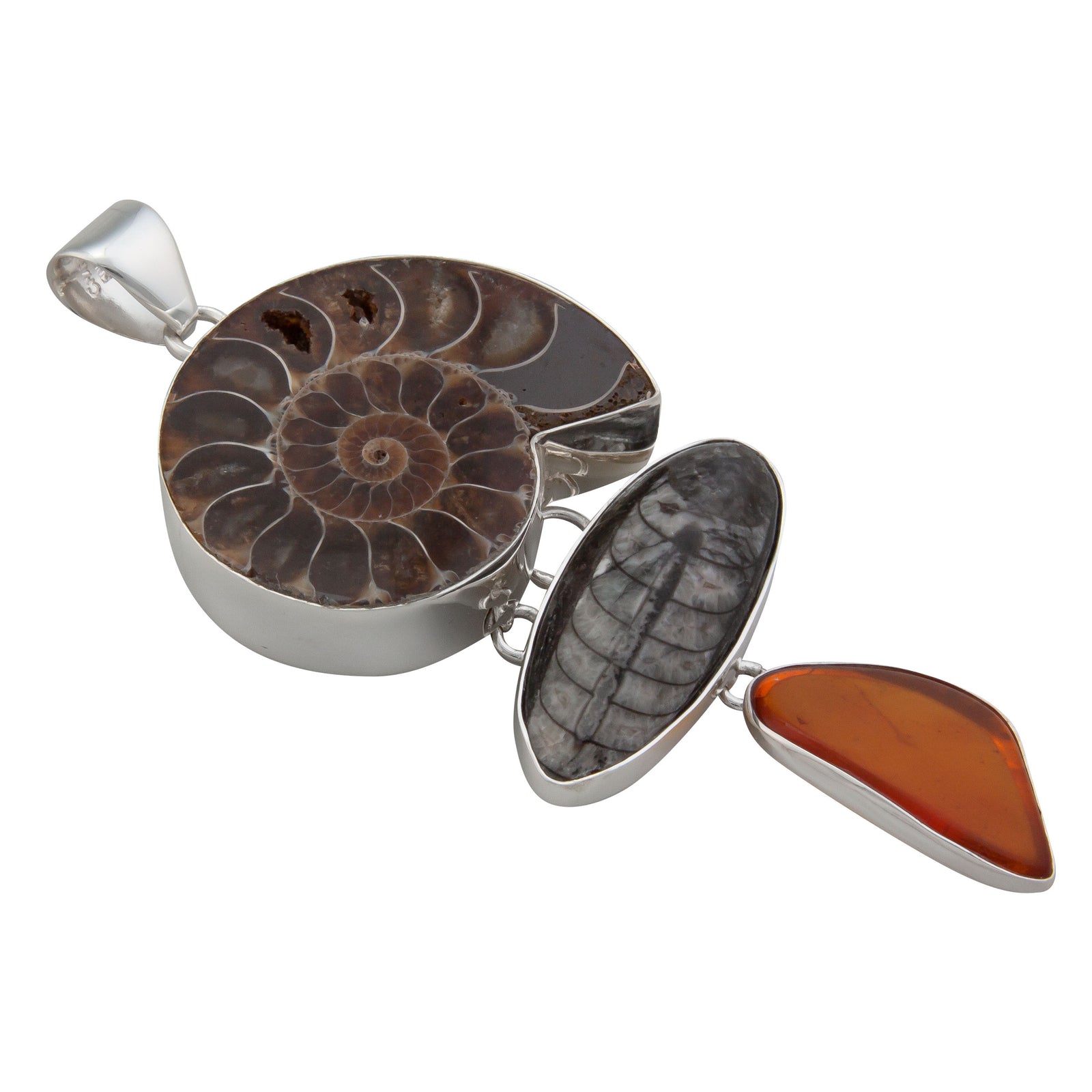 Sterling Silver Fossil Triple Pendant - Side View | Charles Albert Jewelry