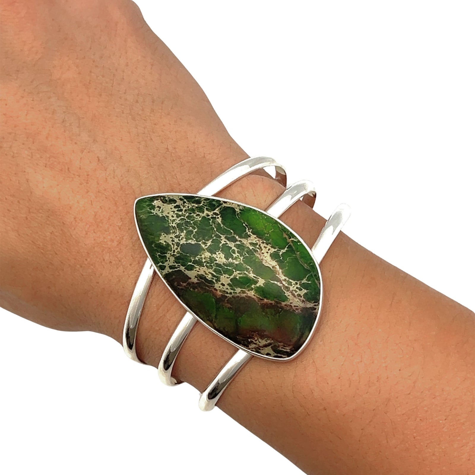 Sterling Silver Green Color-Enhanced Jasper Multi Band Cuff - Style #10 | Charles Albert Jewelry