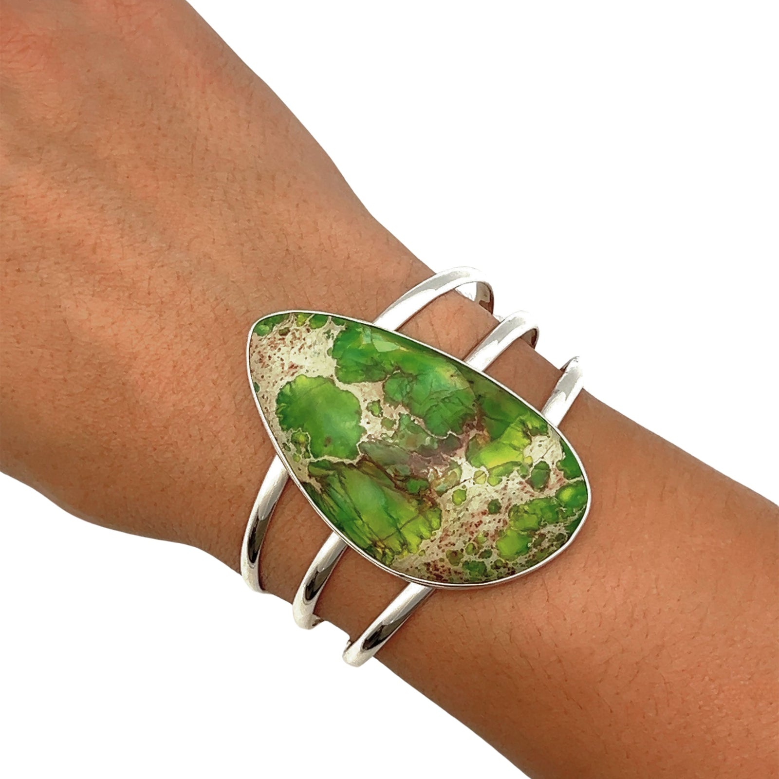 Sterling Silver Green Color-Enhanced Jasper Multi Band Cuff - Style #11 | Charles Albert Jewelry