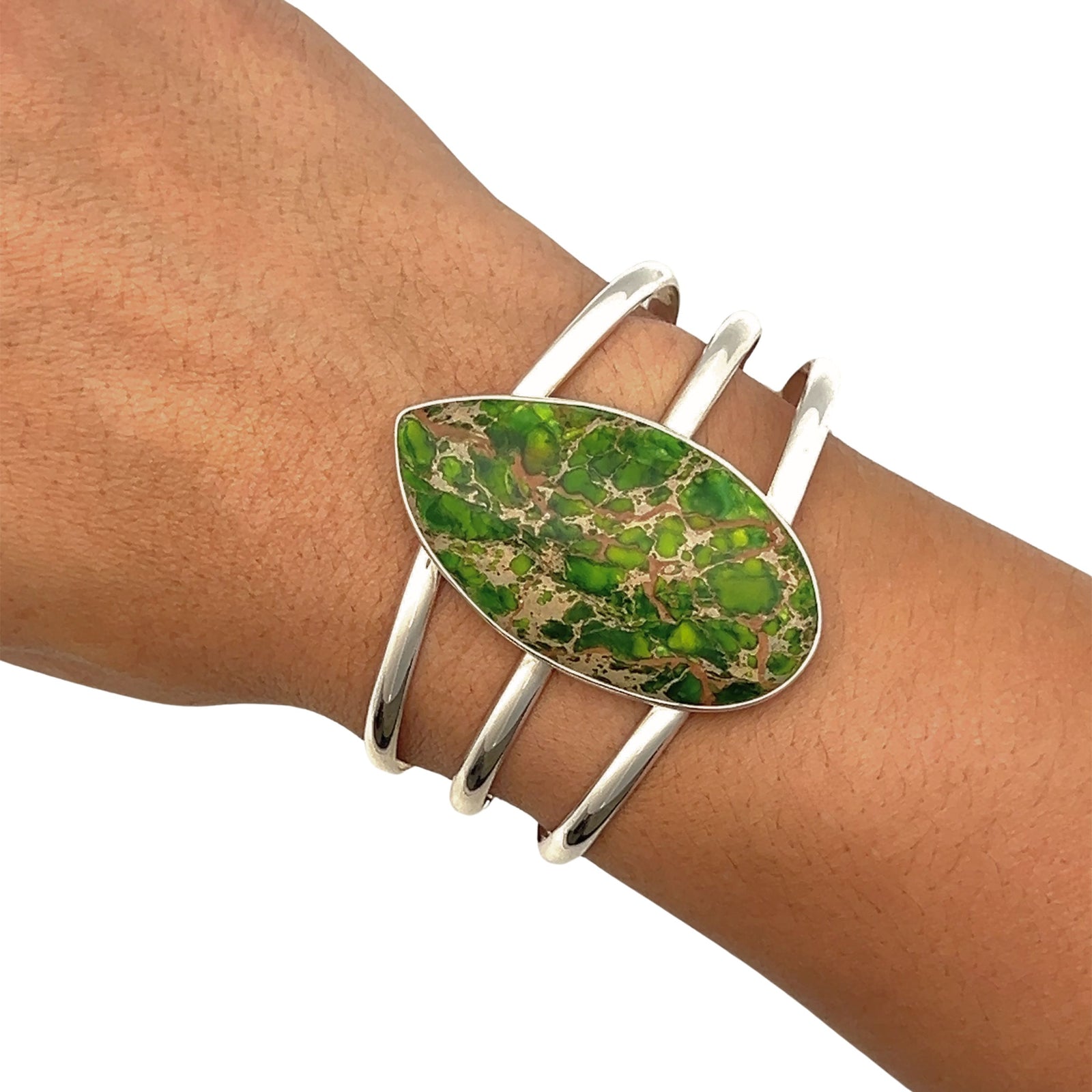 Sterling Silver Green Color-Enhanced Jasper Multi Band Cuff - Style #13 | Charles Albert Jewelry