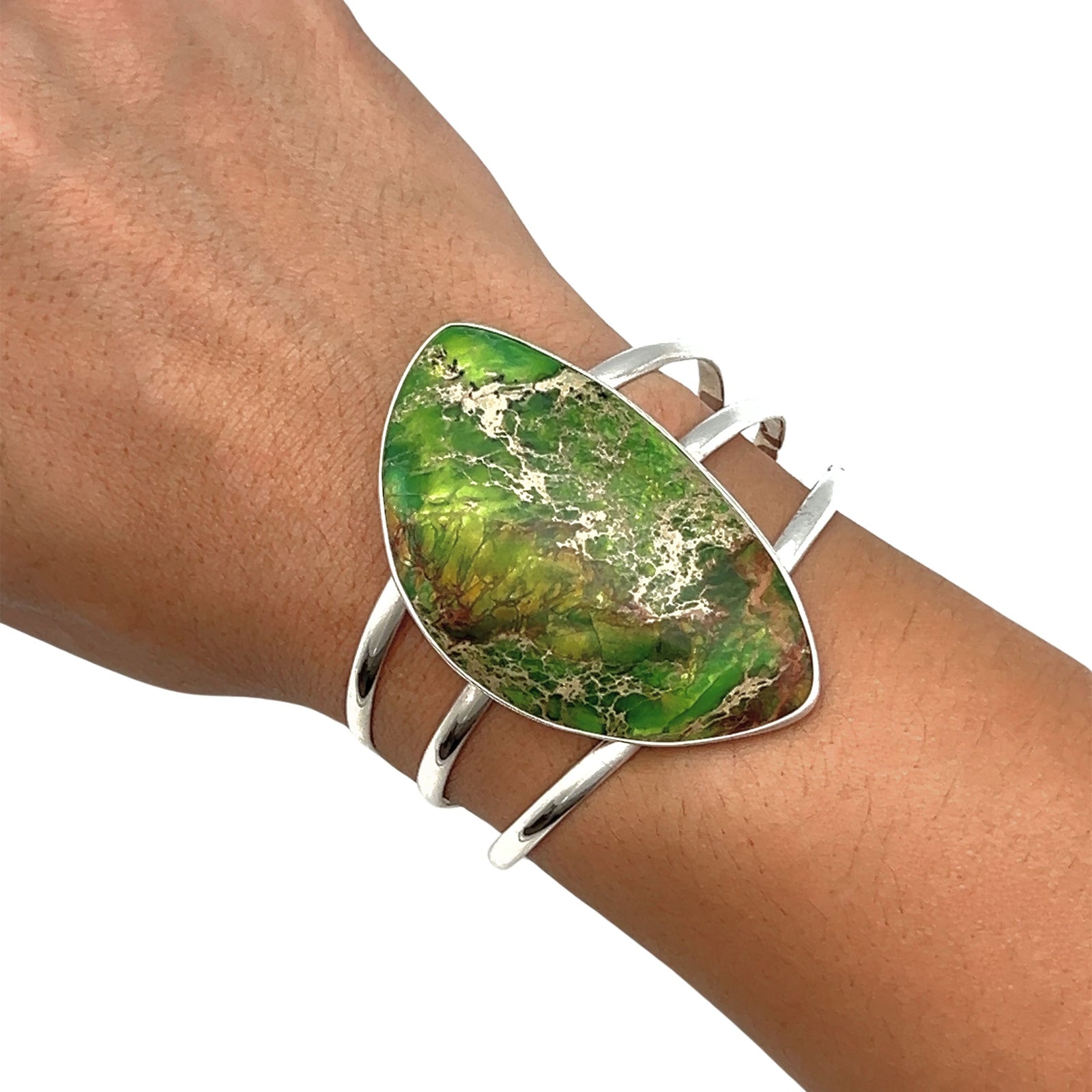Sterling Silver Green Color-Enhanced Jasper Multi Band Cuff - Style #4 | Charles Albert Jewelry