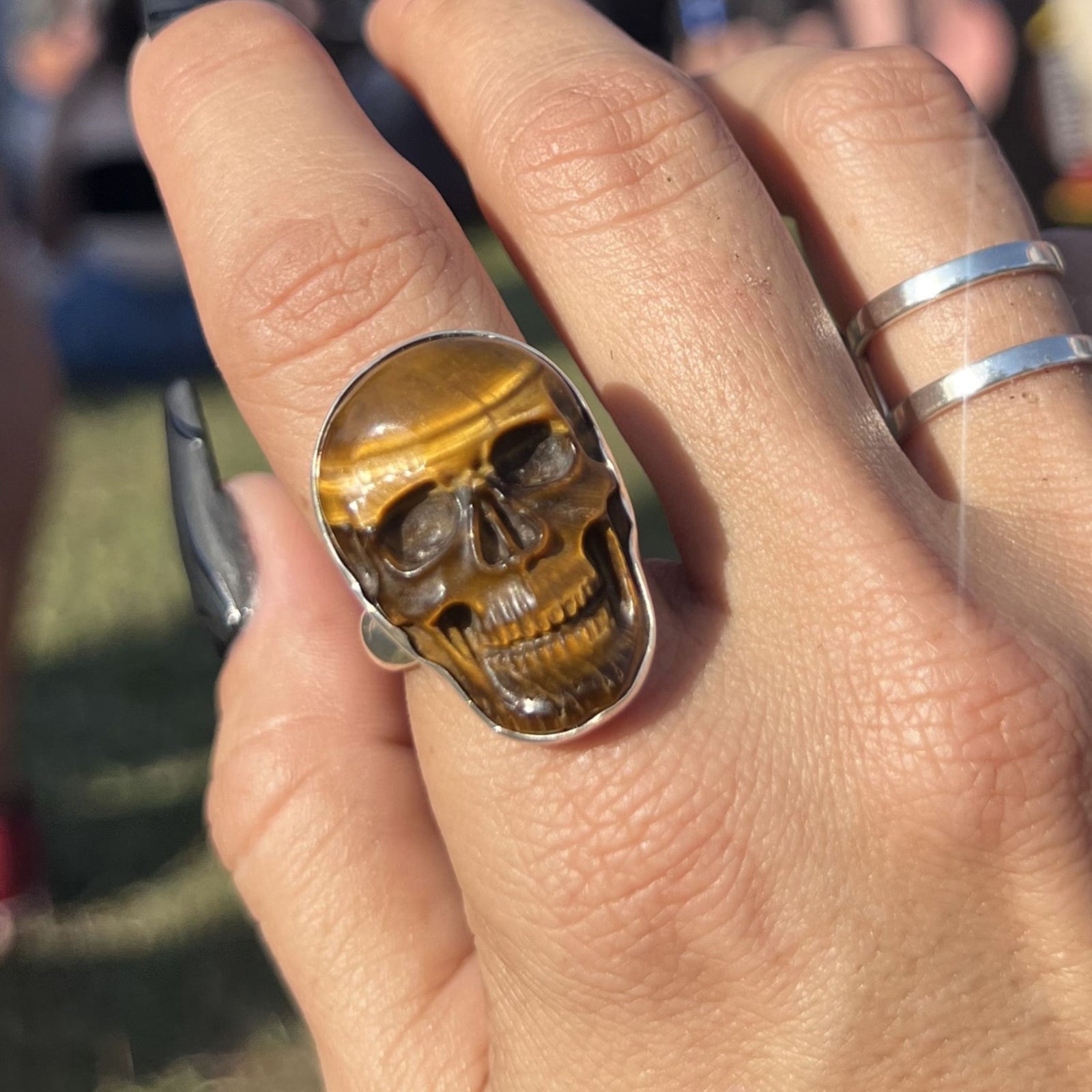 Sterling Silver Medium Tiger Eye Skull Adjustable Ring | Charles Albert Jewelry