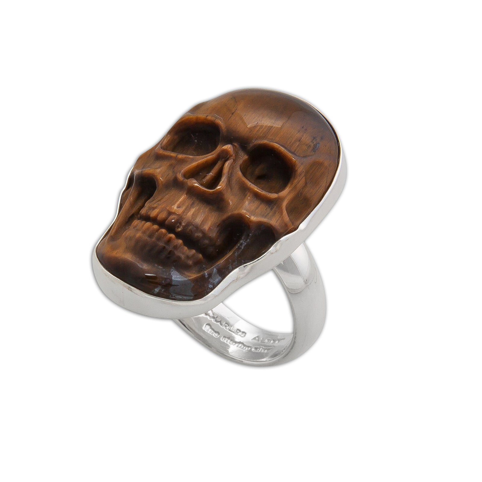 Sterling Silver Small Skull Adjustable Ring - Tiger Eye | Charles Albert Jewelry