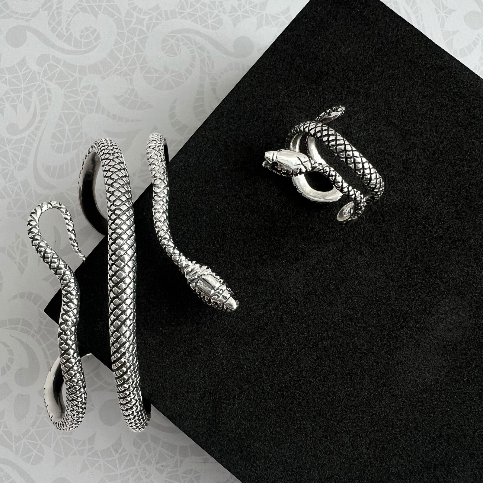 Sterling Silver Snake Oxidized Adjustable Cuff Ring | Charles Albert Jewelry