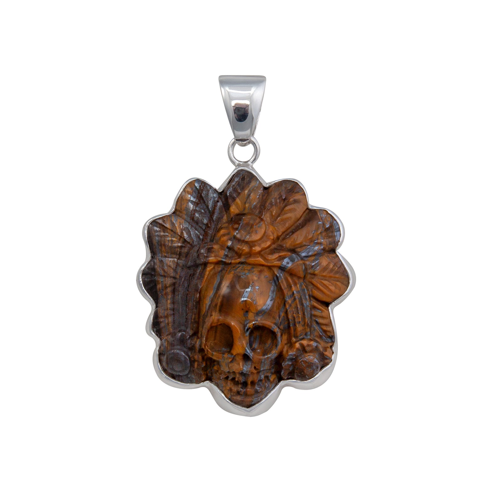 Sterling Silver Tiger Eye Headdress Skull Pendant | Charles Albert Jewelry