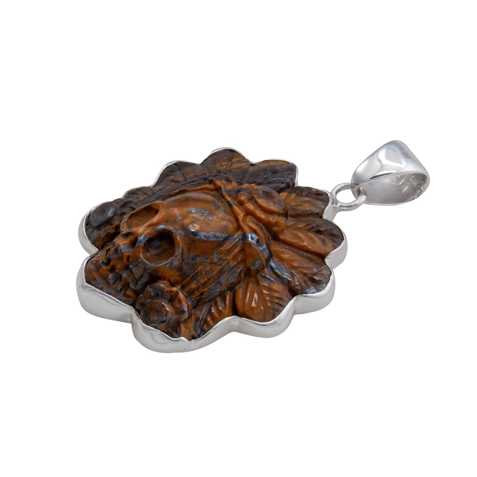 Sterling Silver Tiger Eye Headdress Skull Pendant | Charles Albert Jewelry