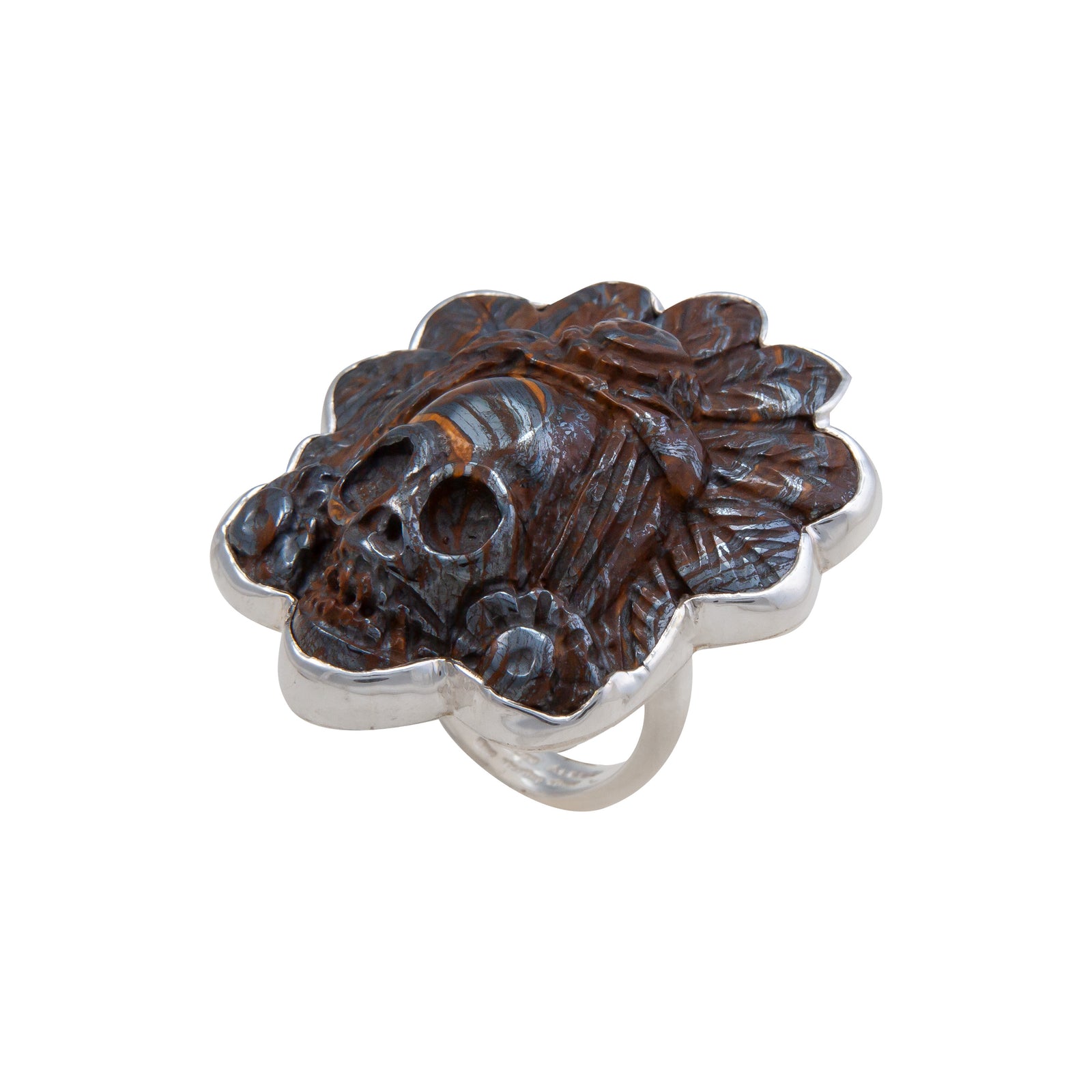 Sterling Silver Tiger Eye Headdress Skull Adjustable Ring | Charles Albert Jewelry
