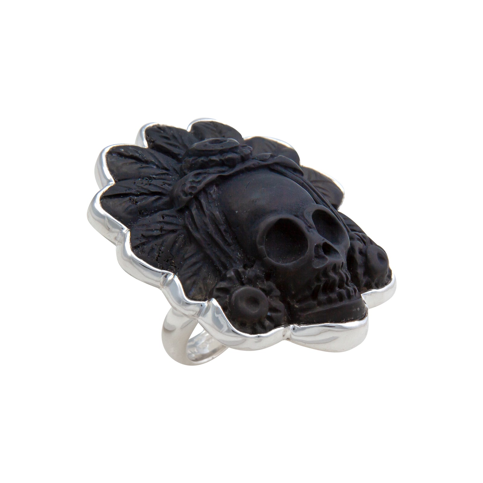Sterling Silver Obsidian Headdress Skull Adjustable Ring | Charles Albert Jewelry