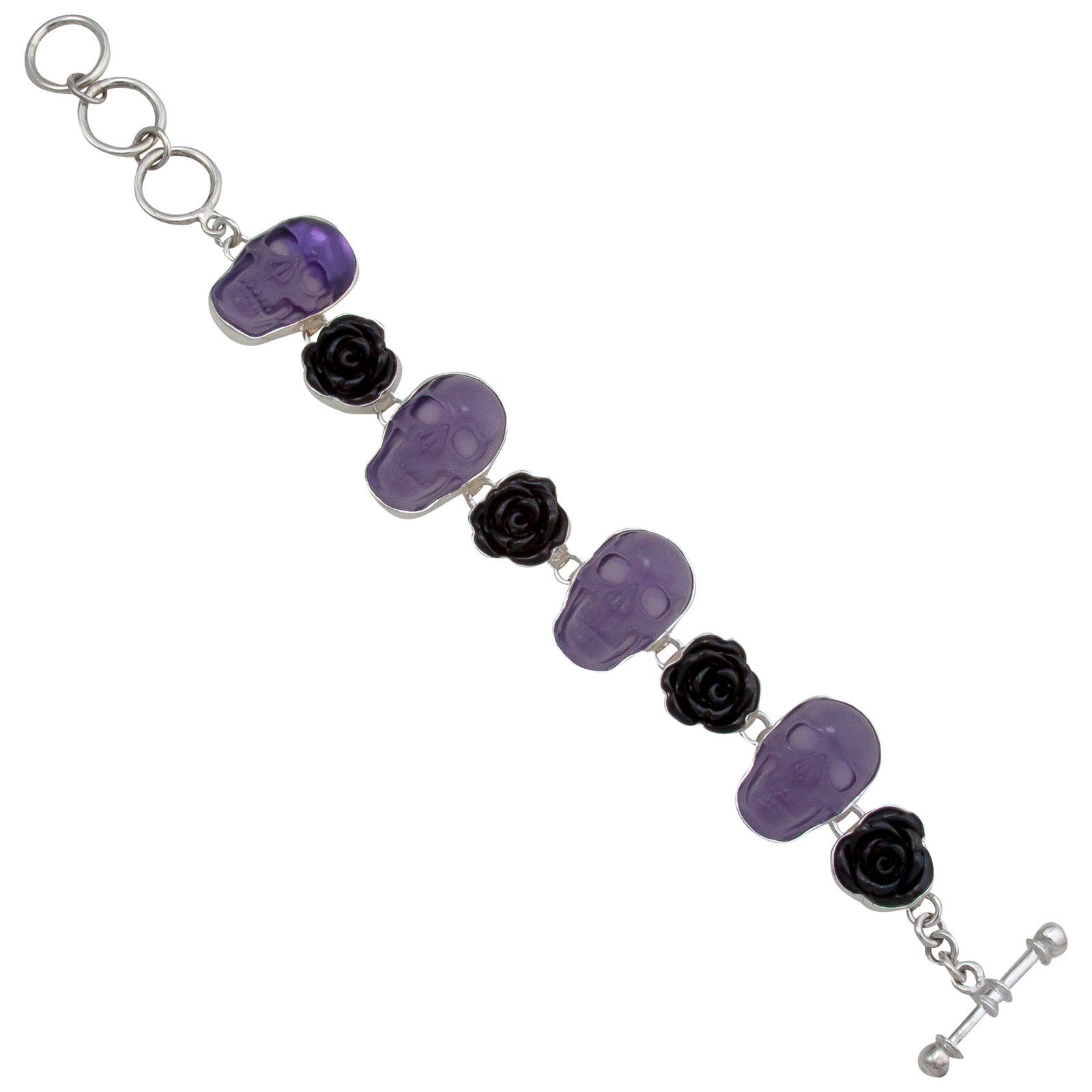 Sterling Silver Amethyst Skull and Black Resin Rose Bracelet | Charles Albert Jewelry