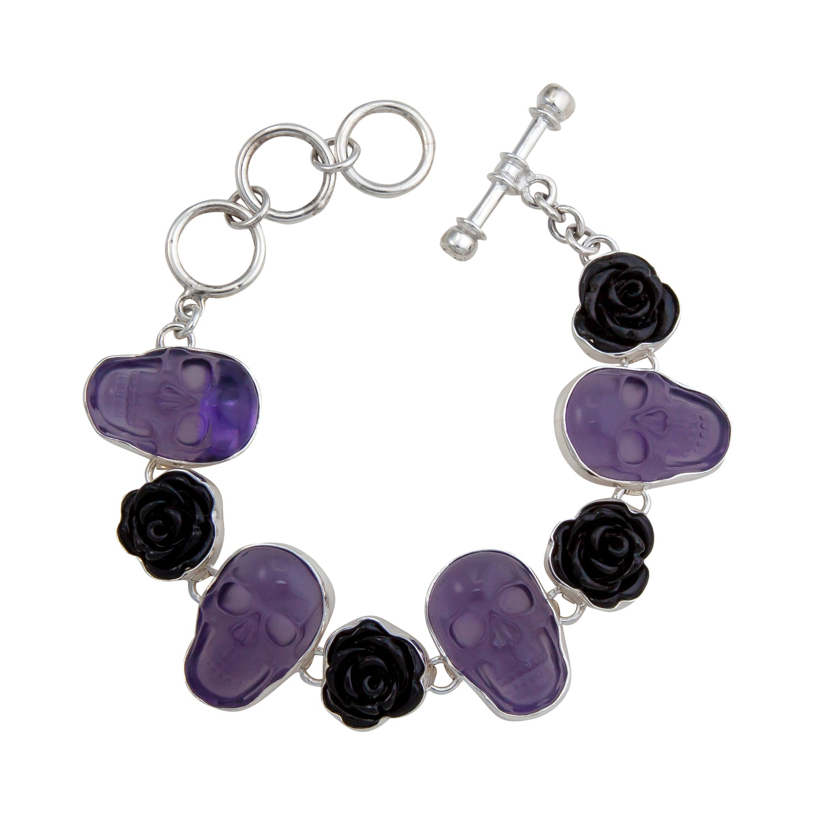 Sterling Silver Amethyst Skull and Black Resin Rose Bracelet | Charles Albert Jewelry