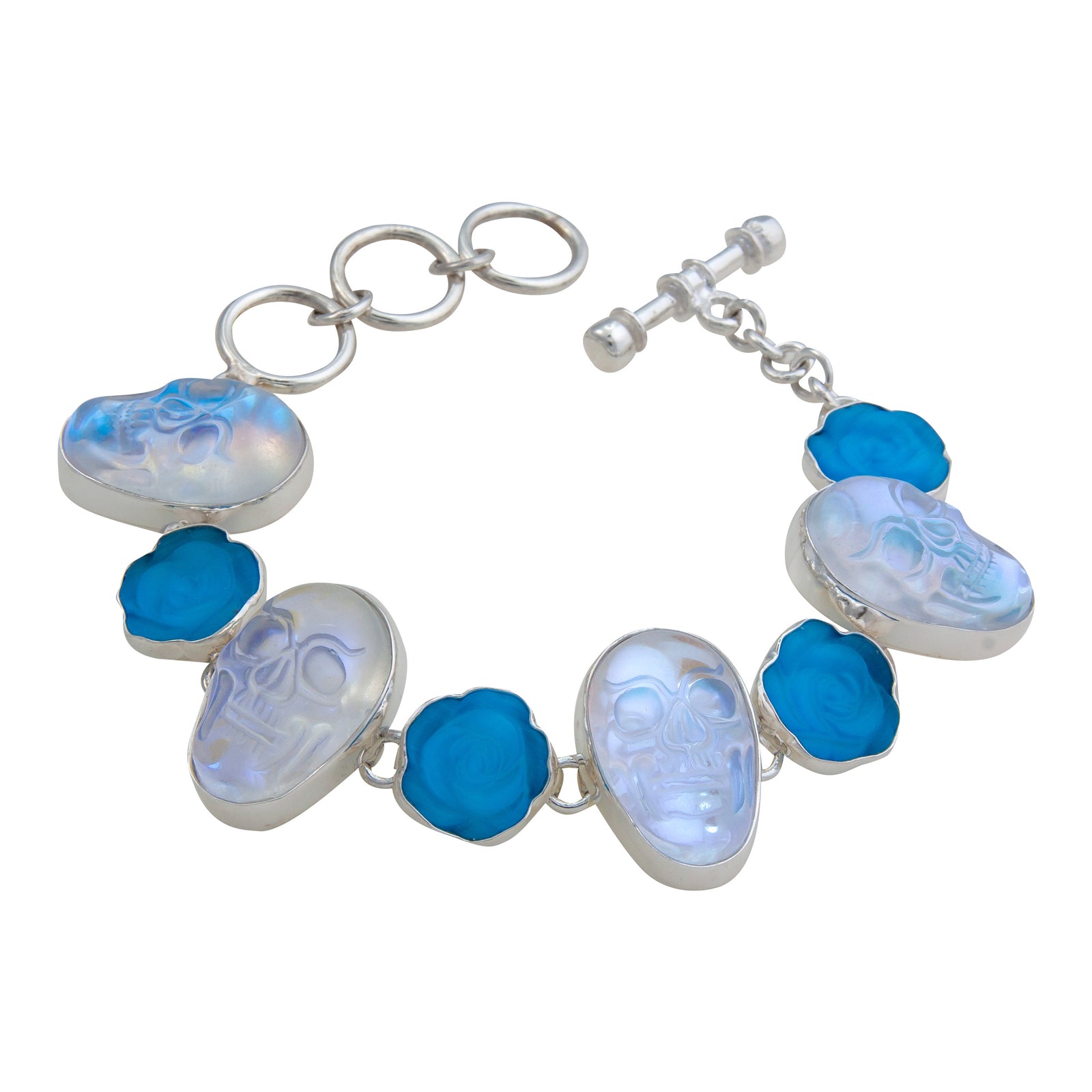 Sterling Silver Luminite Skull and Fiber Optic Rose Bracelet | Charles Albert Jewelry