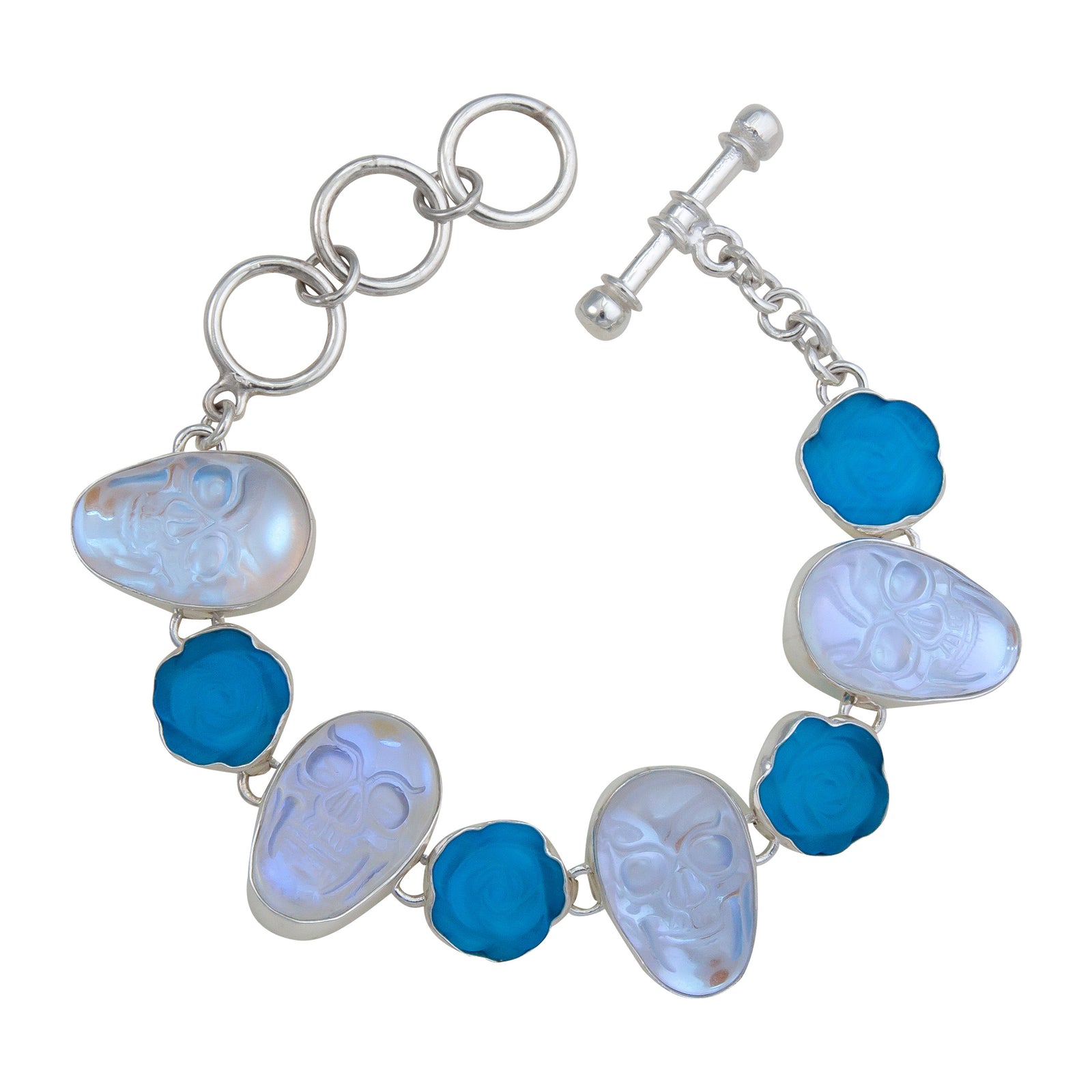 Sterling Silver Luminite Skull and Fiber Optic Rose Bracelet | Charles Albert Jewelry