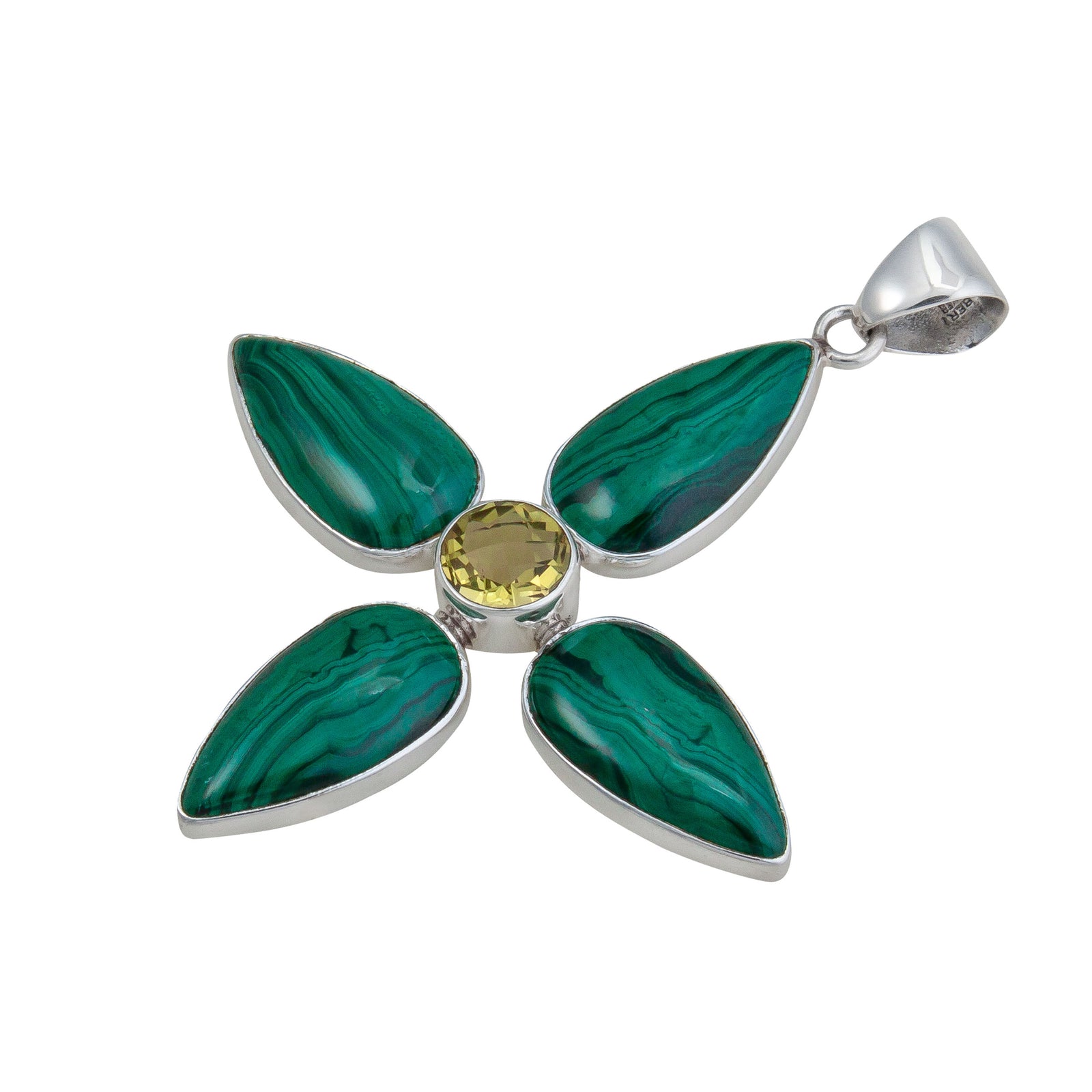 Sterling Silver Citrine and Malachite Flower Pendant | Charles Albert Jewelry