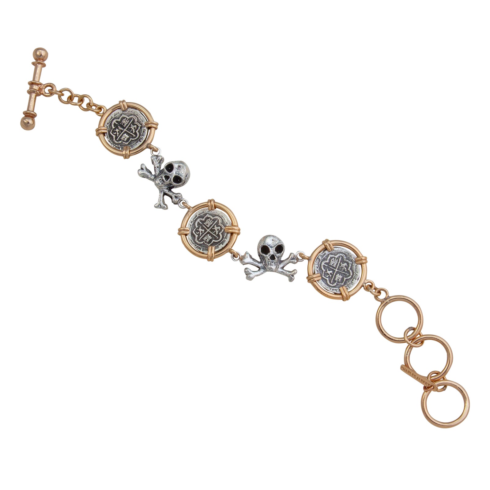 Sterling Silver and Alchemia Replica Spanish Coin and Crossbones Bracelet | Charles Albert Jewelry