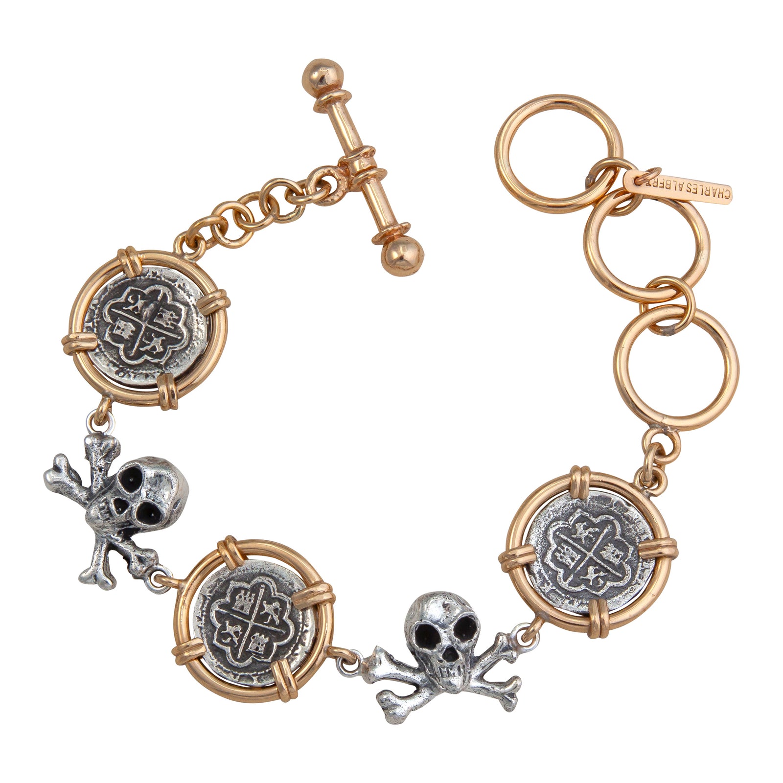 Sterling Silver and Alchemia Replica Spanish Coin and Crossbones Bracelet | Charles Albert Jewelry