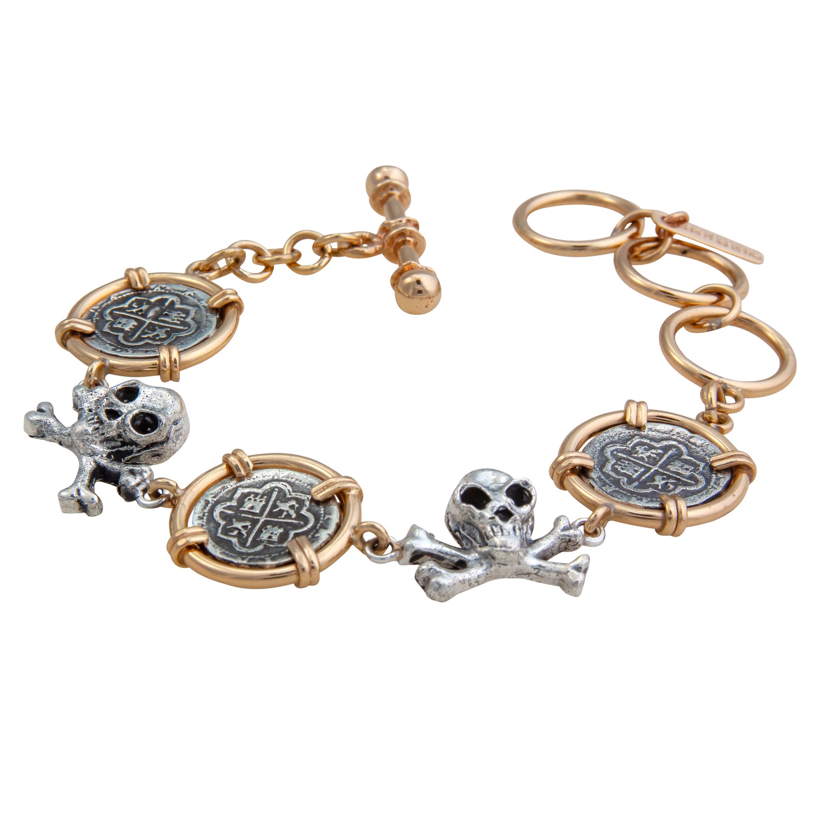Sterling Silver and Alchemia Replica Spanish Coin and Crossbones Bracelet | Charles Albert Jewelry