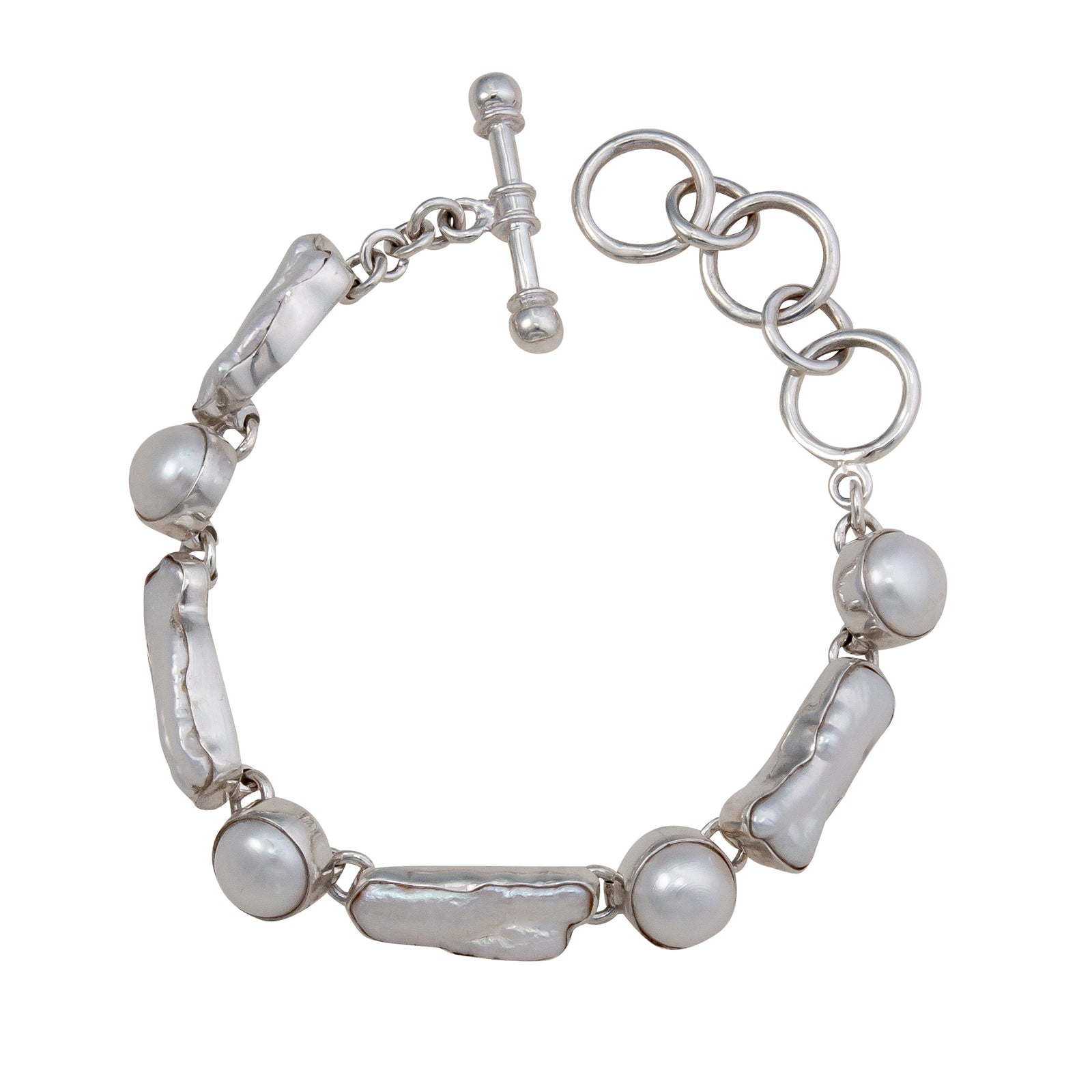 Sterling Silver Biwa Pearl and Pearl Bracelet | Charles Albert Jewelry