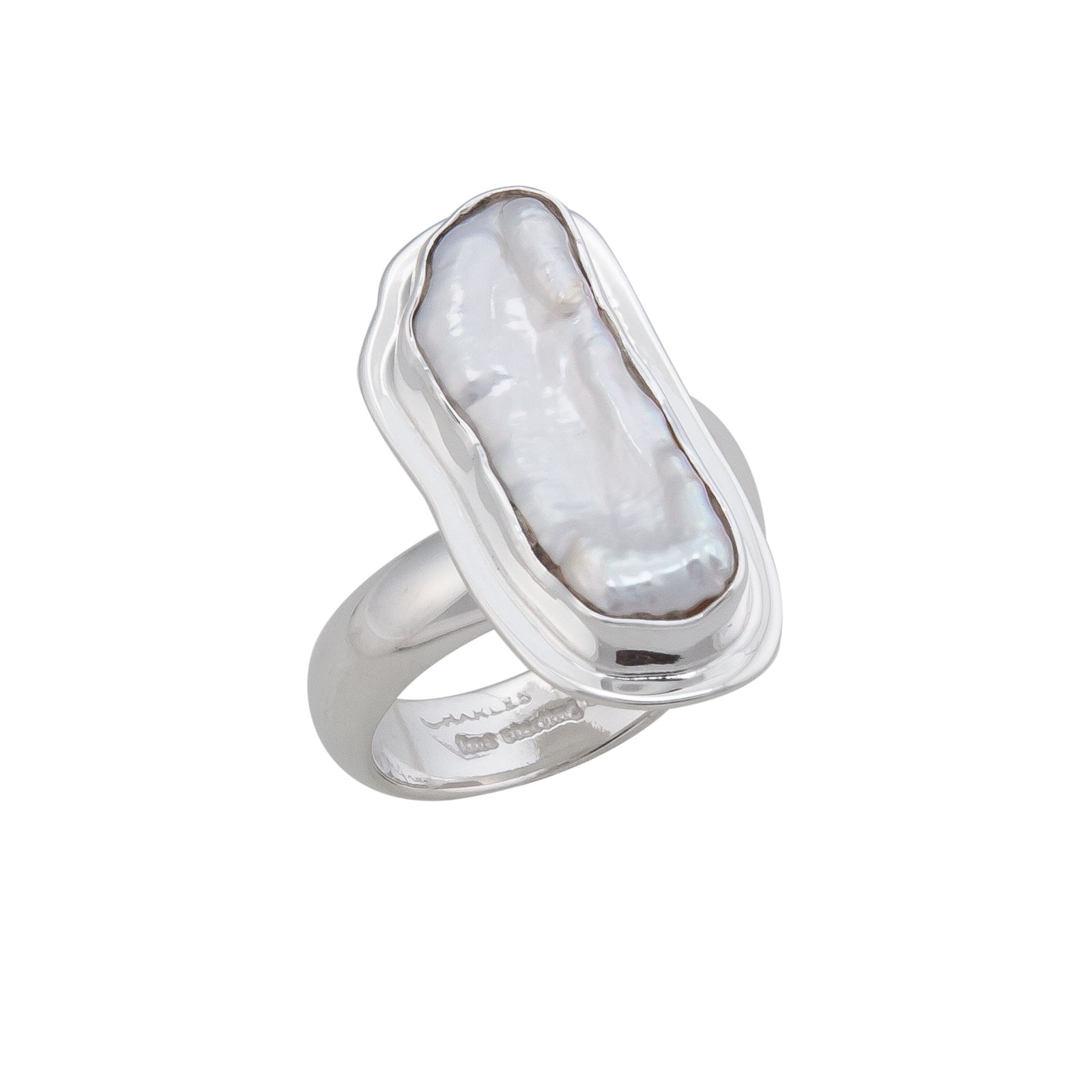 Sterling Silver Biwa Pearl Adjustable Ring with Detailed Edge | Charles Albert Jewelry