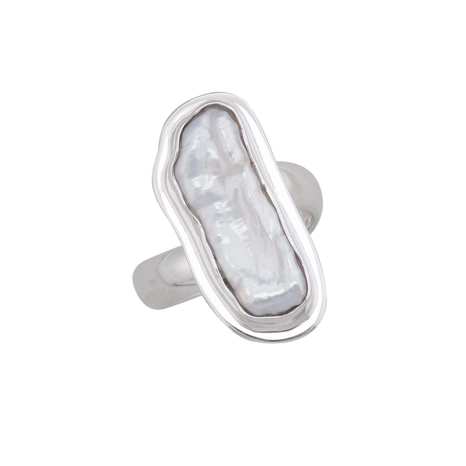 Sterling Silver Biwa Pearl Adjustable Ring with Detailed Edge | Charles Albert Jewelry