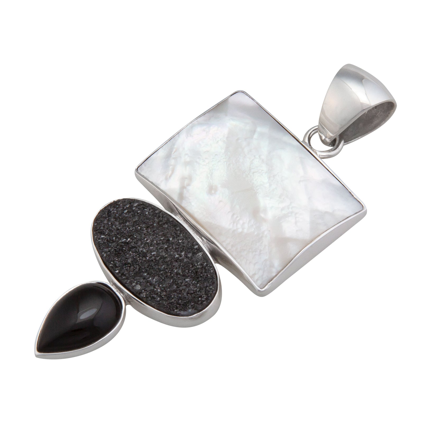 Sterling Silver Mother of Pearl, Black Druzy and Onyx Pendant | Charles Albert Jewelry