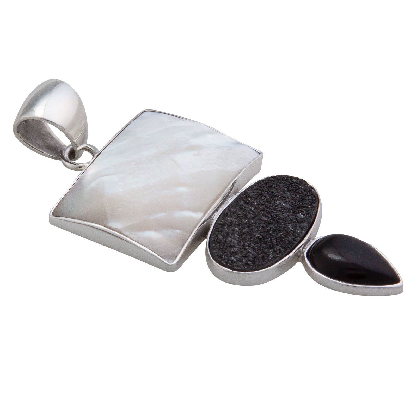 Sterling Silver Mother of Pearl, Black Druzy and Onyx Pendant | Charles Albert Jewelry