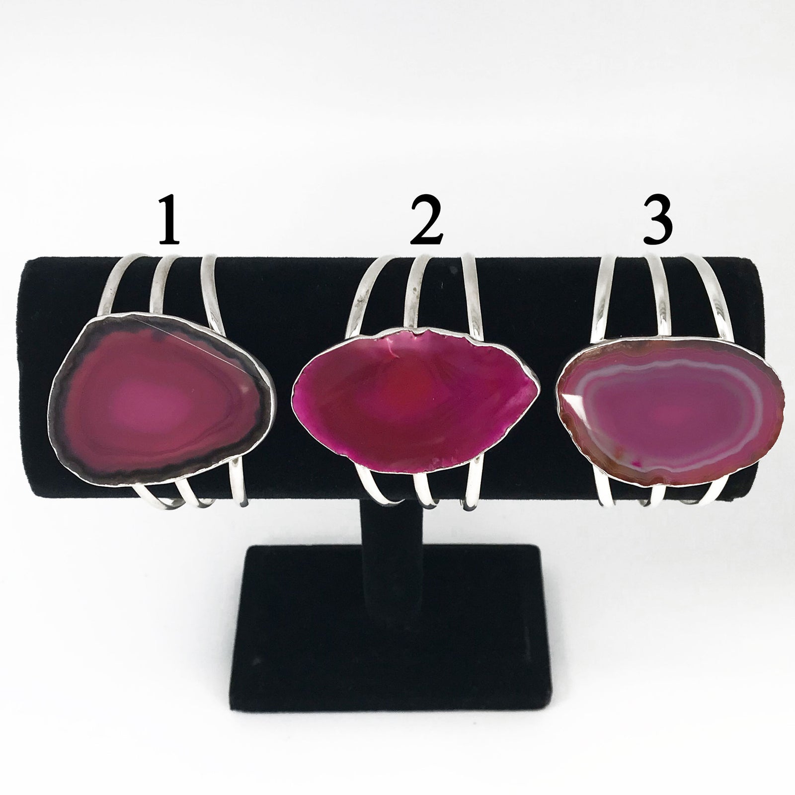 Sterling Silver Pink Agate Slice 3 Band Cuff - Styles 1 to 3 | Charles Albert Jewelry