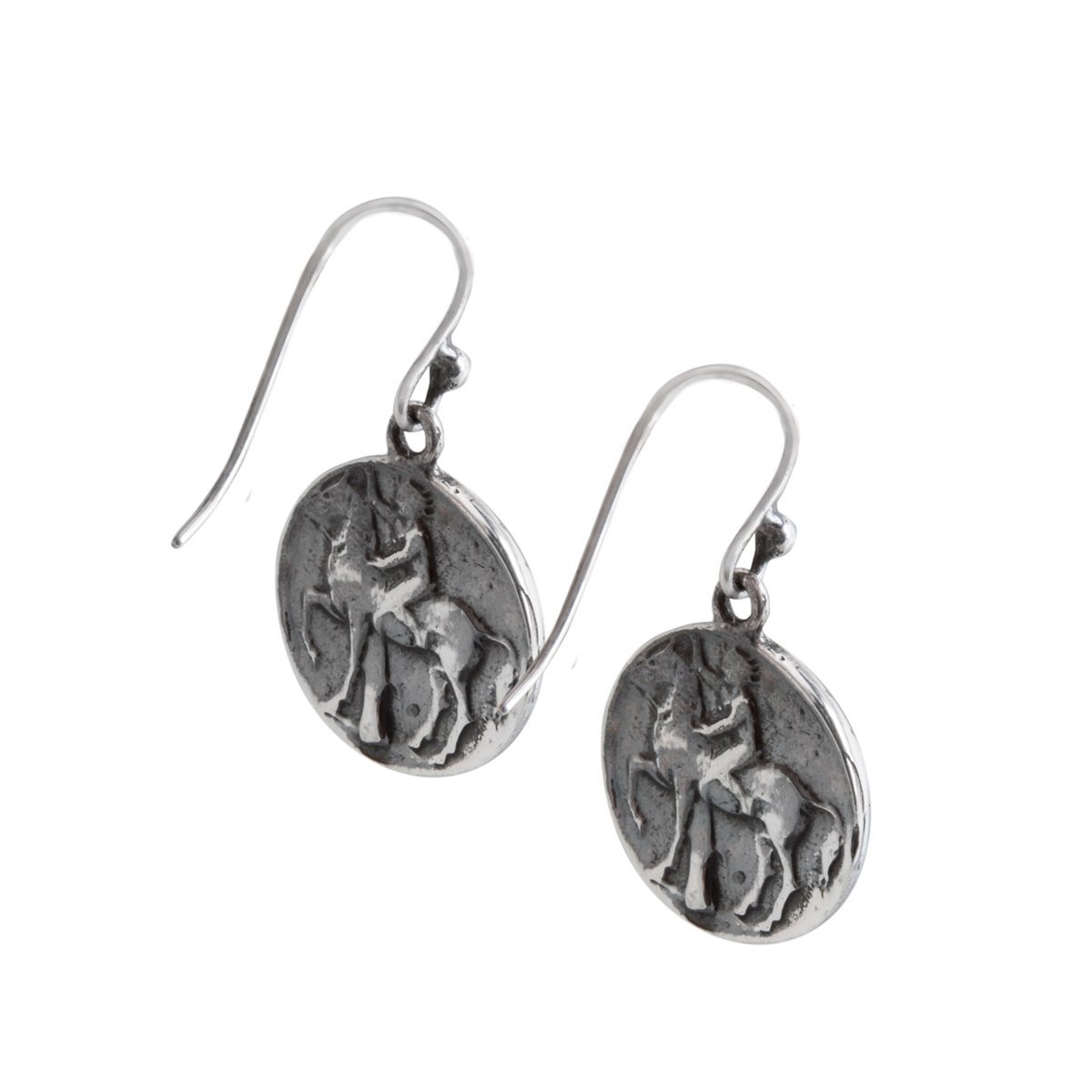 Sterling Silver Replica Boy on Dolphin Greek Coin Drop Earrings | Charles Albert Jewelry