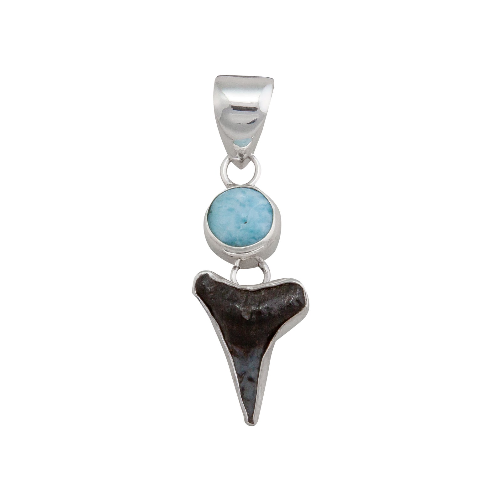 Sterling Silver Larimar and Shark Tooth Pendant | Charles Albert Jewelry