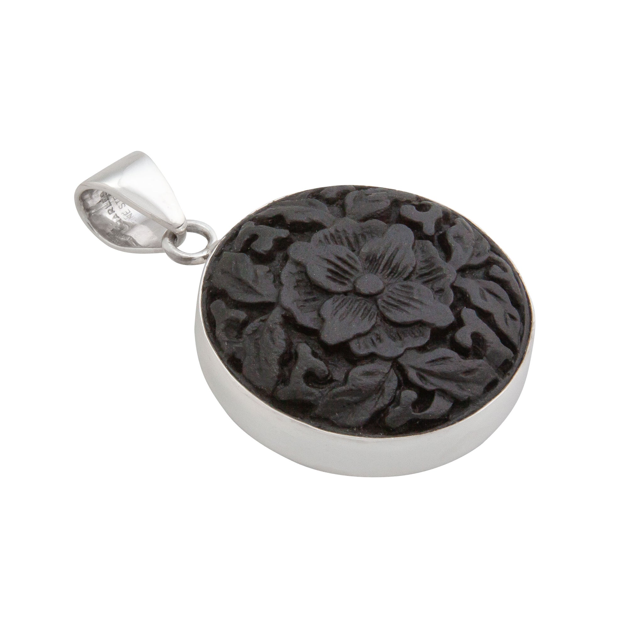 Sterling Silver Black Cinnabar Flower Pendant | Charles Albert Jewelry