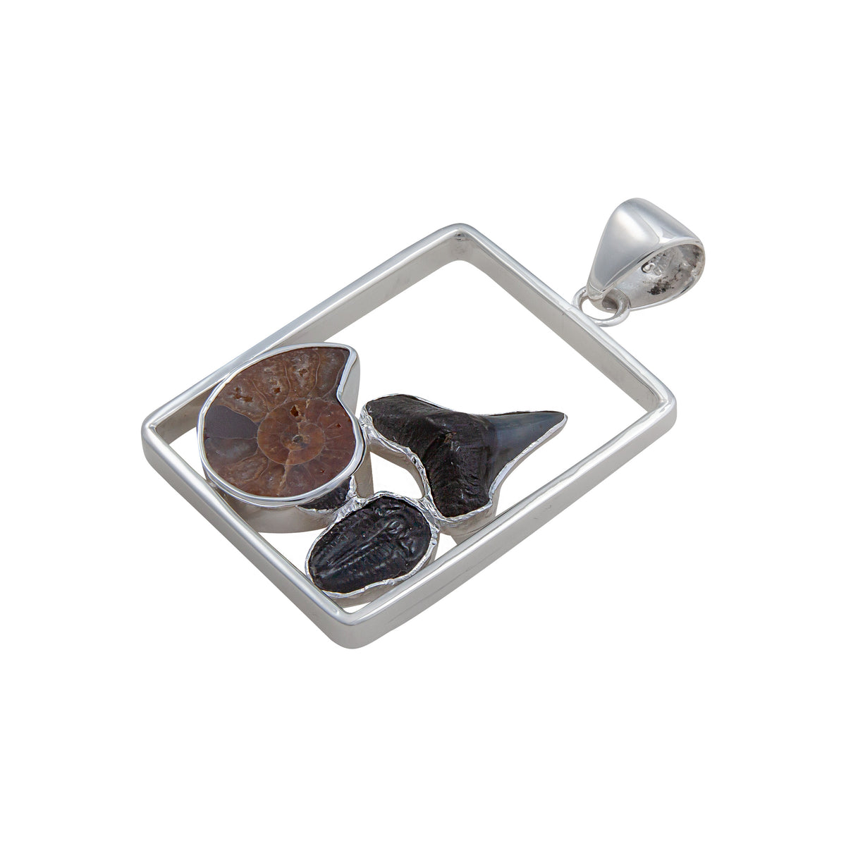 Sterling Silver Multi Fossil Square Frame Pendant | Charles Albert Jewelry