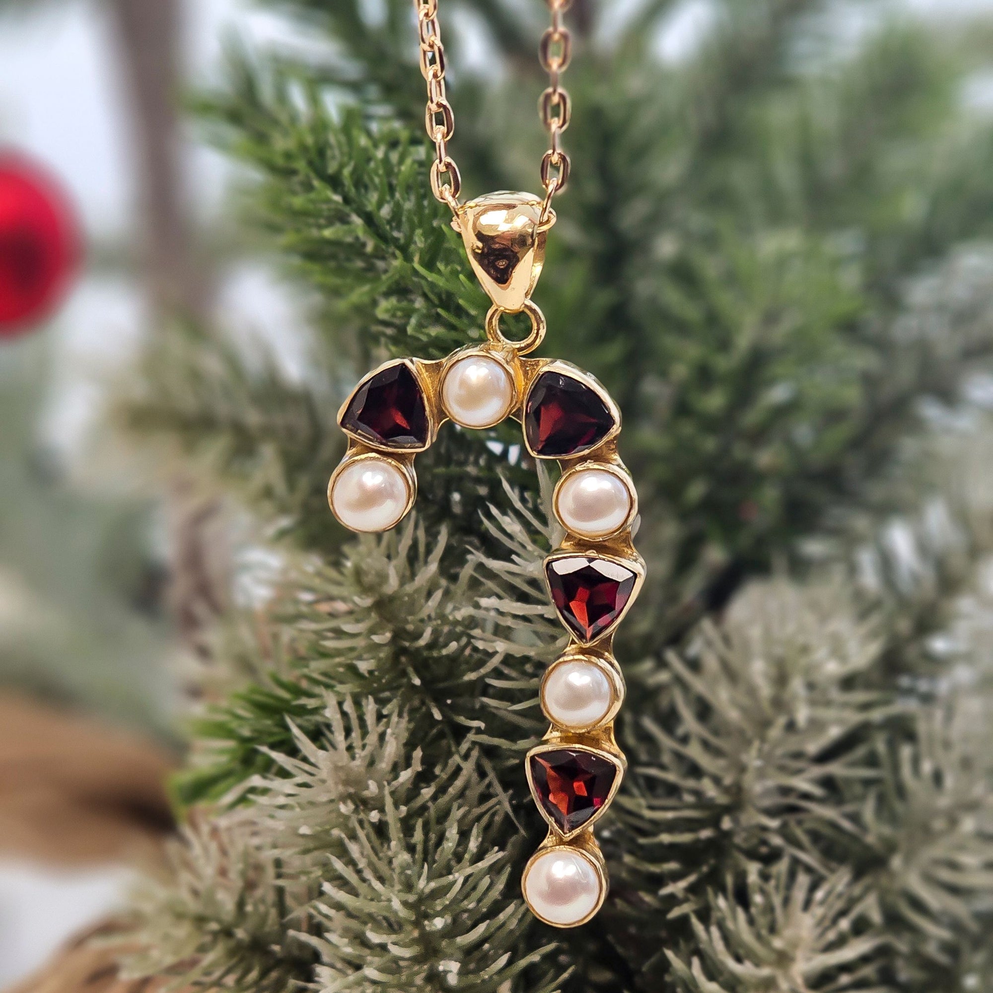 Alchemia Garnet and Pearl Candy Cane Pendant | Charles Albert Jewelry