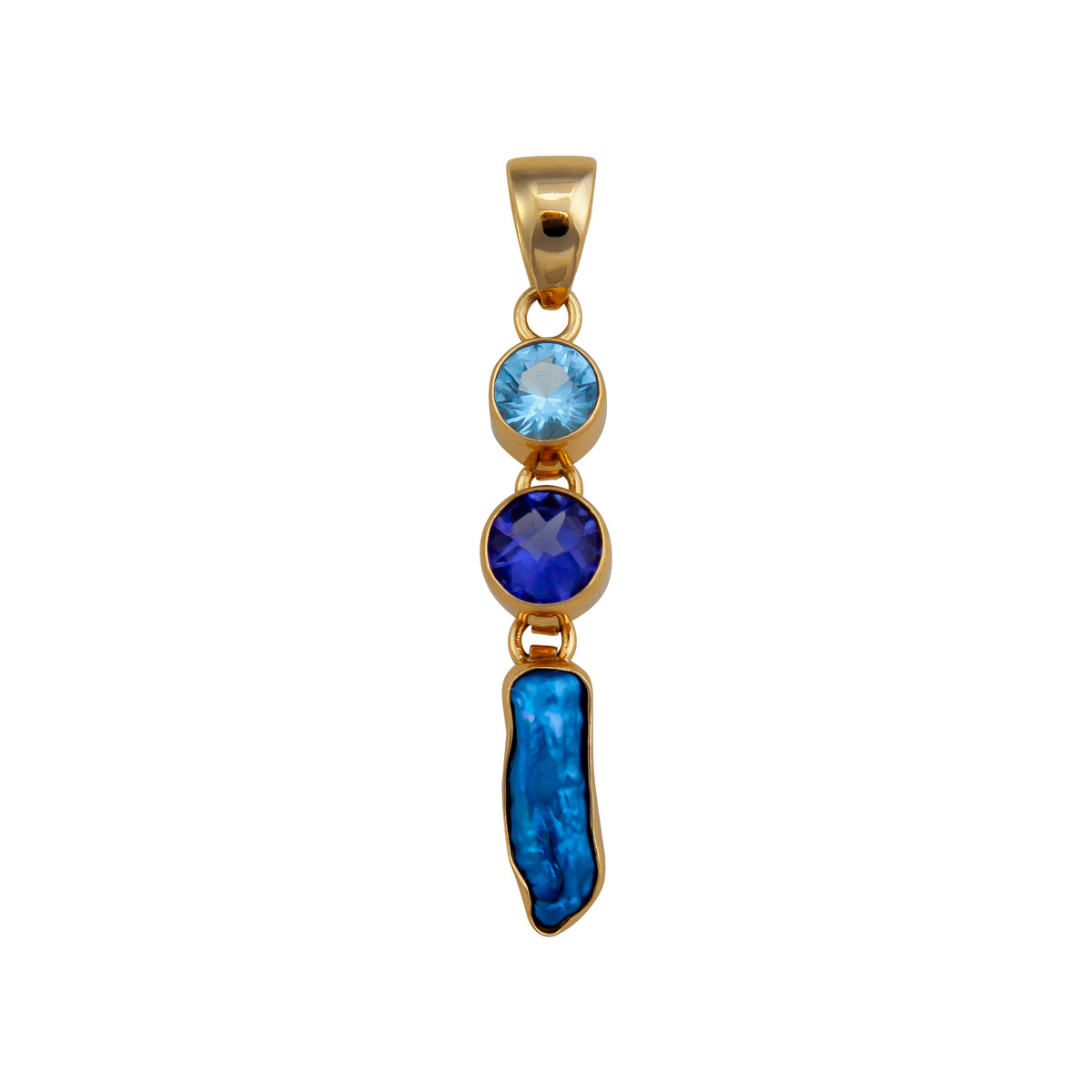 Alchemia Blue Topaz. Lab Tanzanite and Biwa Pearl Pendant | Charles Albert Jewelry