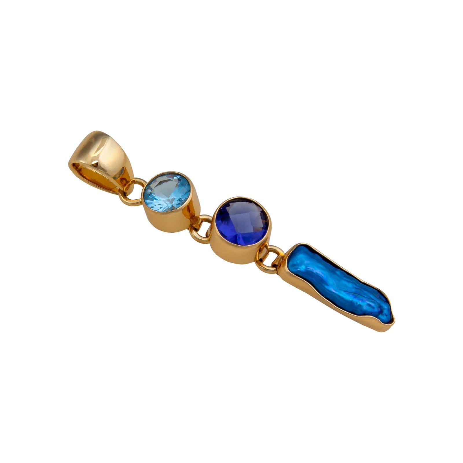 Alchemia Blue Topaz. Lab Tanzanite and Biwa Pearl Pendant | Charles Albert Jewelry