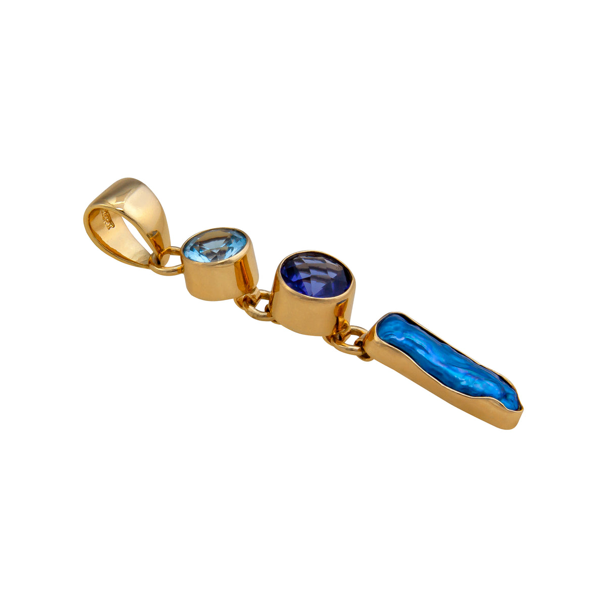 Alchemia Blue Topaz. Lab Tanzanite and Biwa Pearl Pendant | Charles Albert Jewelry