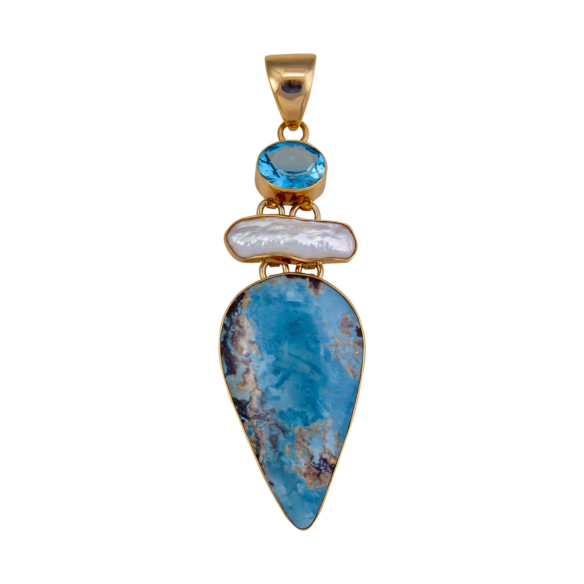 Alchemia Blue Topaz, Biwa Pearl and Aztec Lapis Pendant | Charles Albert Jewelry