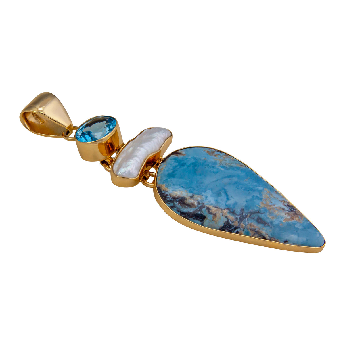 Alchemia Blue Topaz, Biwa Pearl and Aztec Lapis Pendant | Charles Albert Jewelry