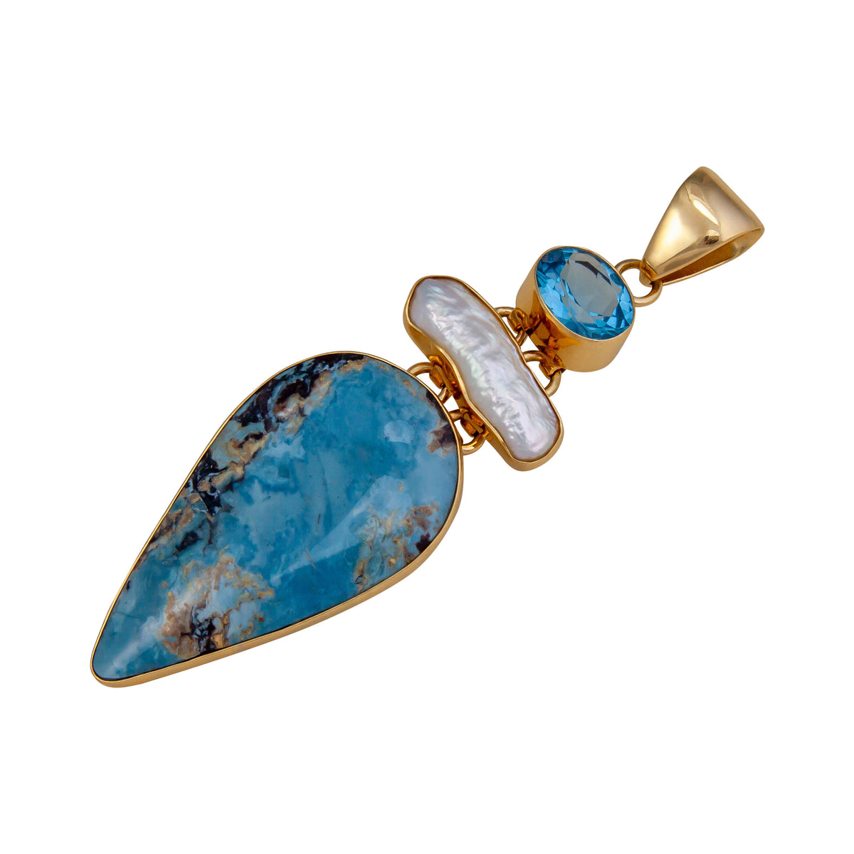 Alchemia Blue Topaz, Biwa Pearl and Aztec Lapis Pendant | Charles Albert Jewelry