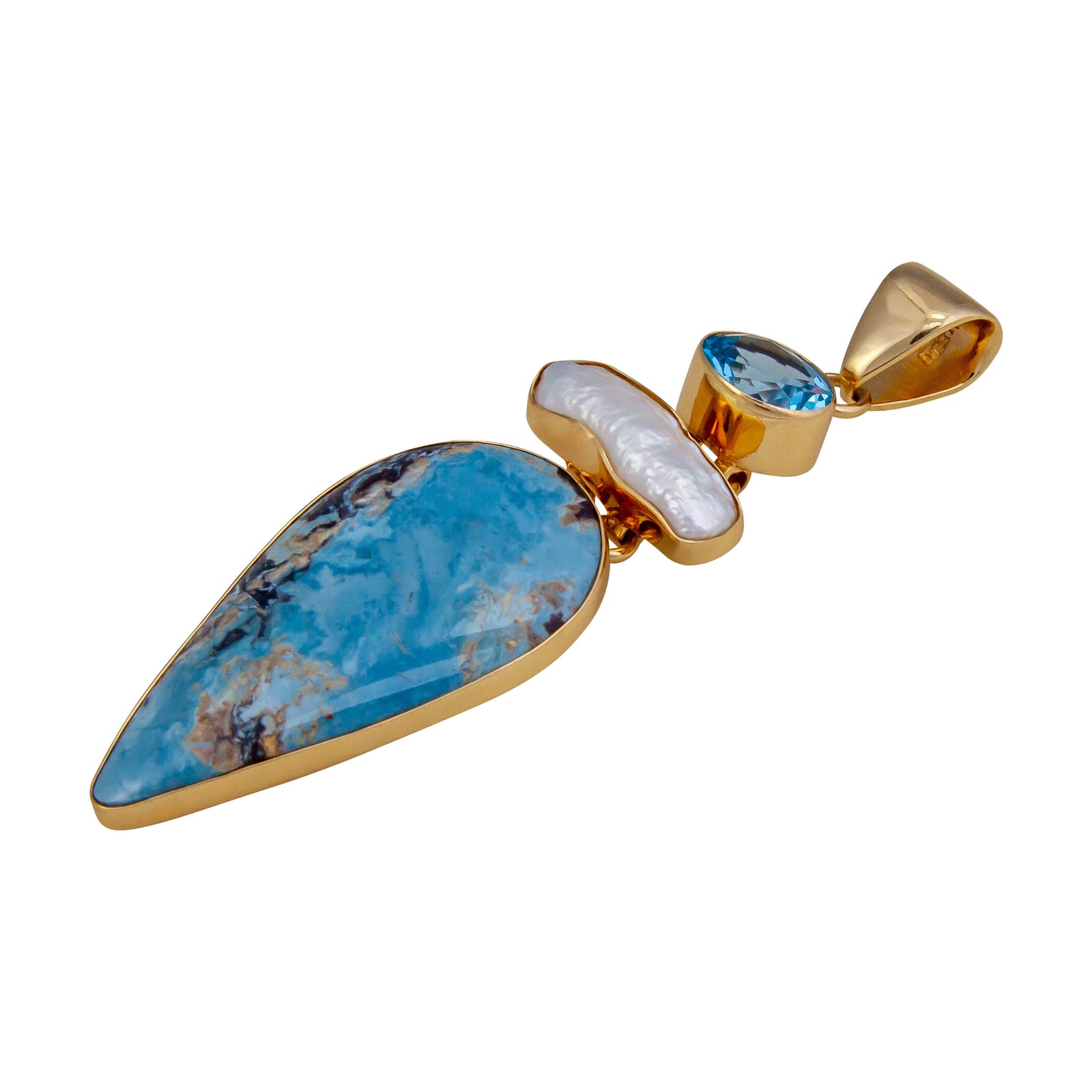 Alchemia Blue Topaz, Biwa Pearl and Aztec Lapis Pendant | Charles Albert Jewelry