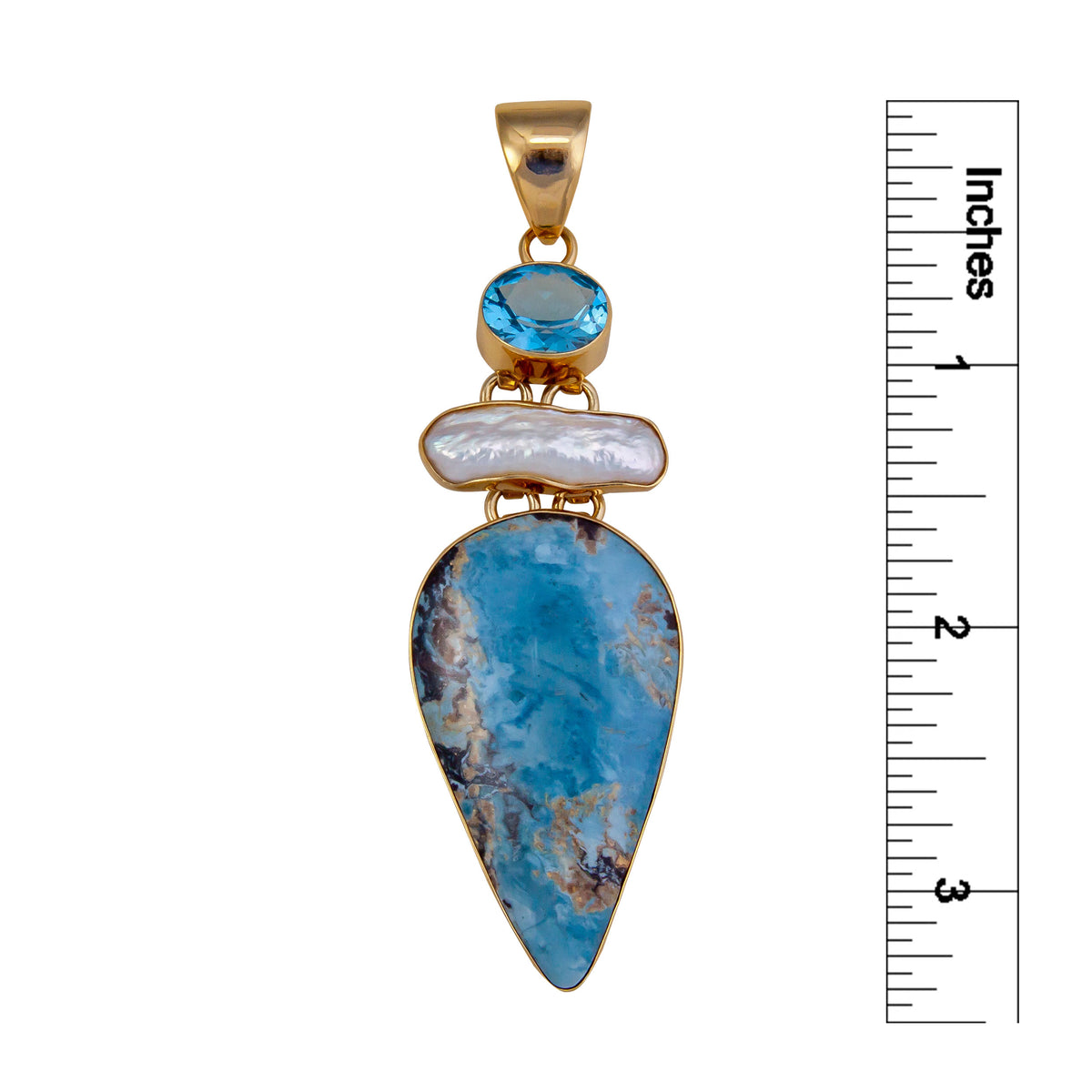 Alchemia Blue Topaz, Biwa Pearl and Aztec Lapis Pendant | Charles Albert Jewelry