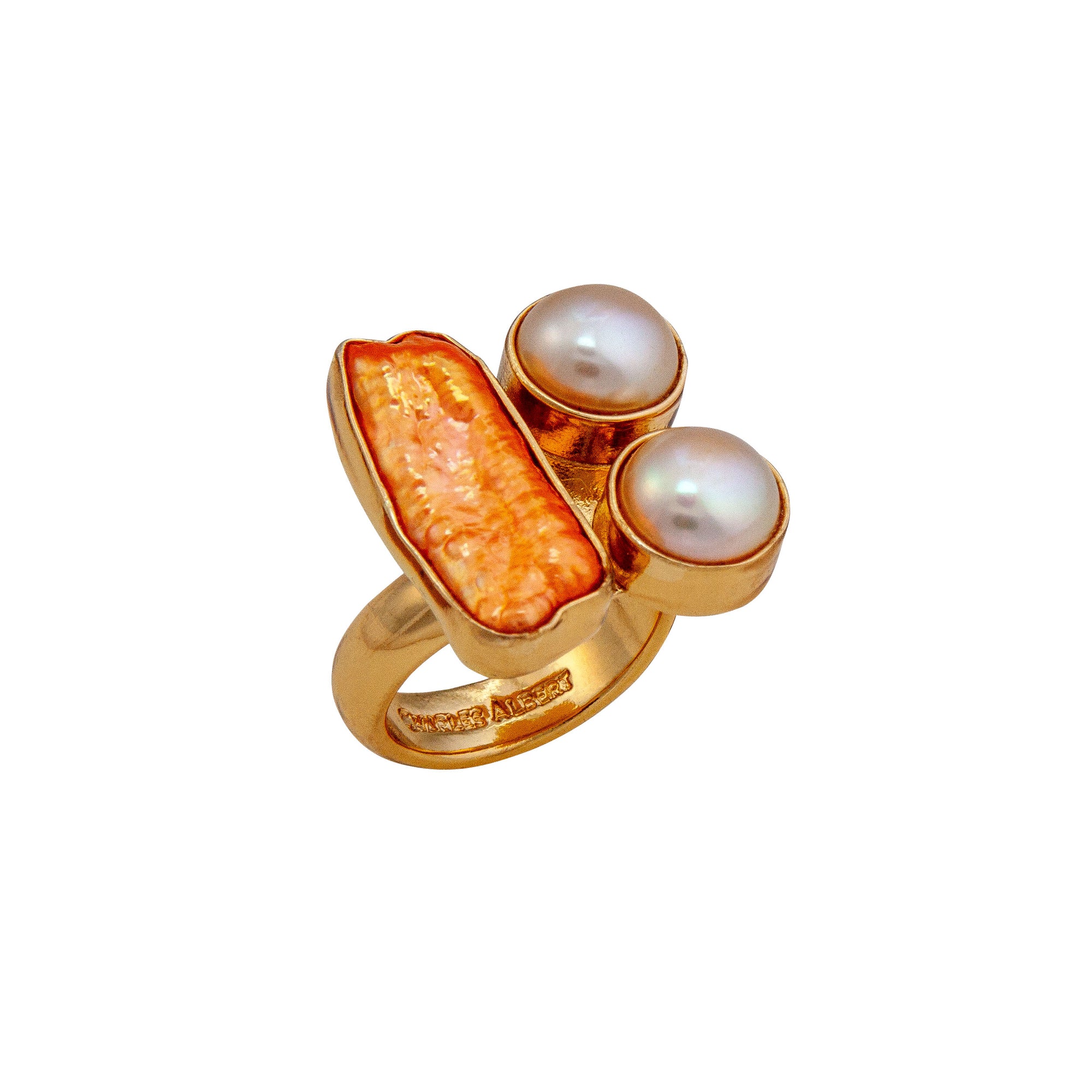 Alchemia Sunset pearl and Biwa Pearl Adjustable Ring | Charles Albert Jewelry